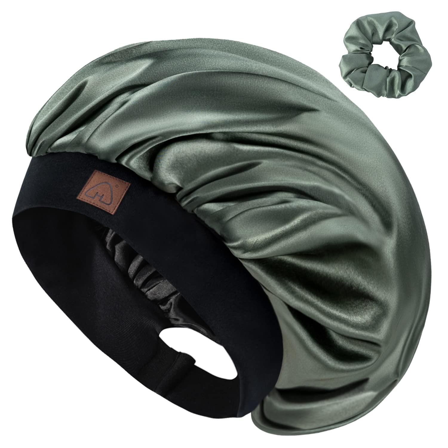 Hat Hut HAT HUT Satin Silk Bonnet for Curly Hair Sleep Cap for Women Sleeping Adjustable Hair Bonnet with Pattern Double Layer (OLIVE GREEN)