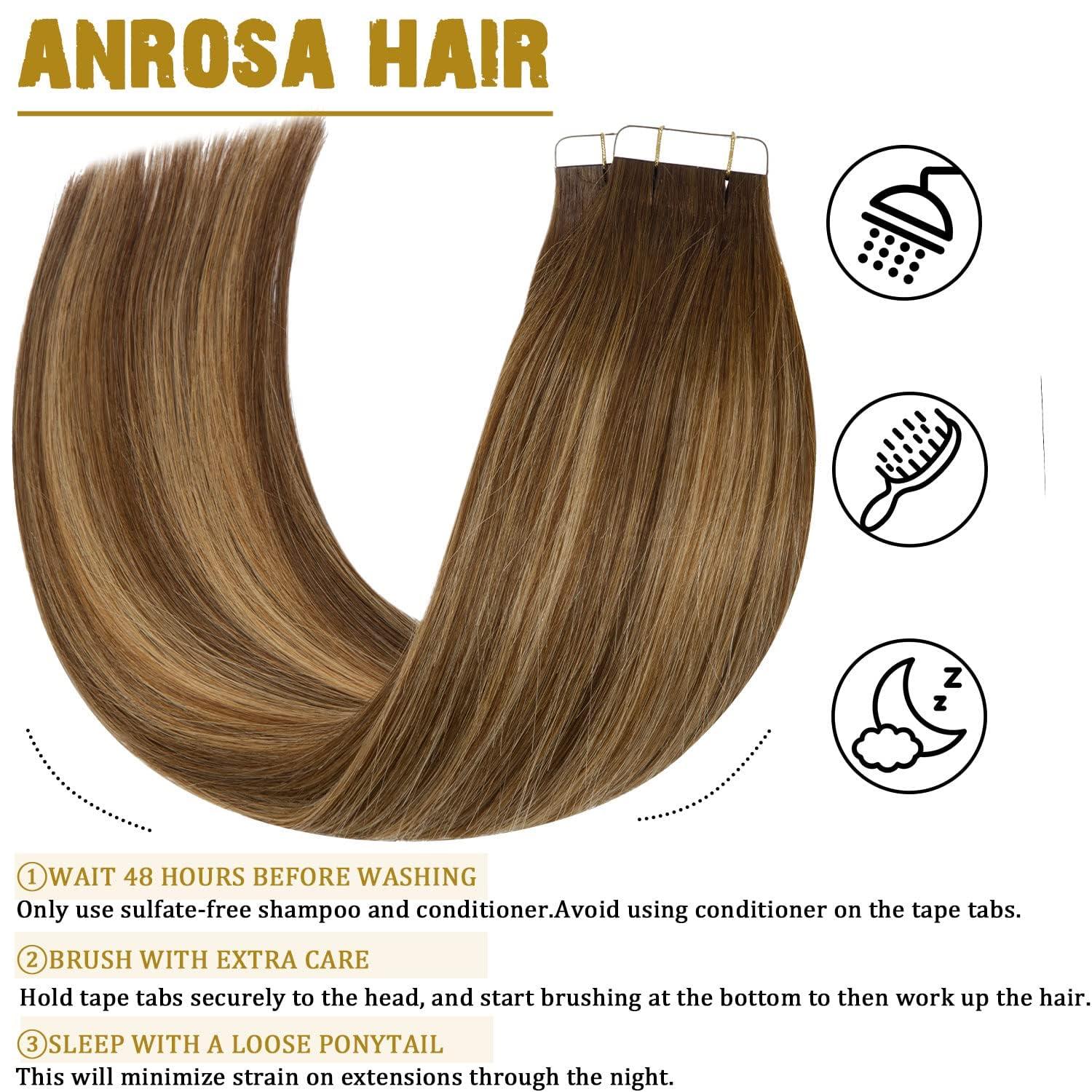 Anrosa Brown Tape in Hair Extensions Human Hair Skin Weft Natural Real Hair Extensions Human Hair Chocolate Brown to Caramel Blonde with Brown Roots Tape ins Human Hair Extensions 18 Inch 100g R4-4/27