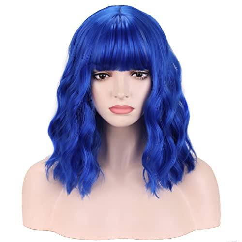 BERON BERON 14 Inches Dark Blue Wig Short Curly Wig Women Girl's Synthetic Wig Blue Wig with Bangs Wig Cap Included