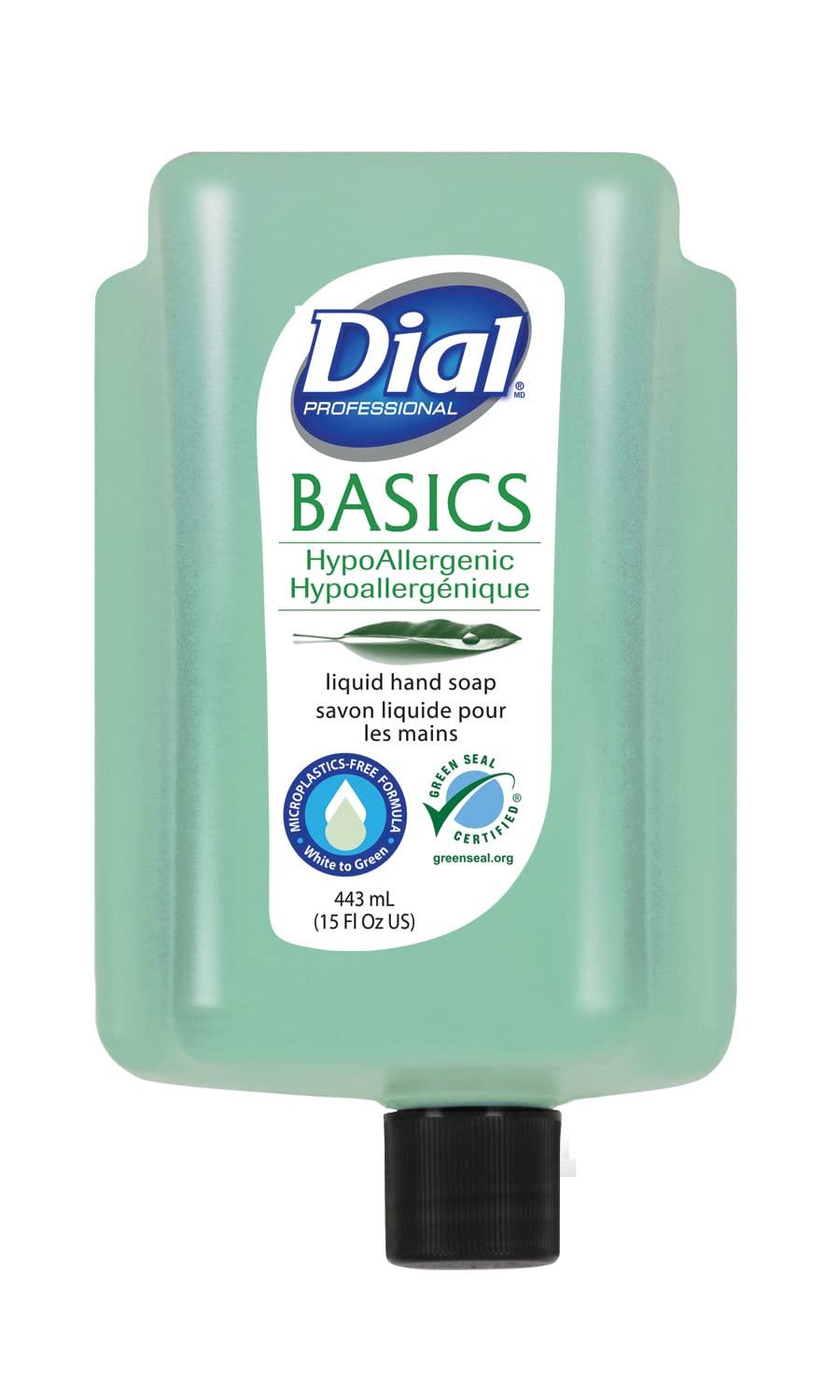 Dial Dial Professional Basics Hypoallergenic Liquid Hand Soap, Green Seal Certified, 15 OZ Hand Care Anywhere Cartridge Dispenser Refill Bottle (Pack of 6)