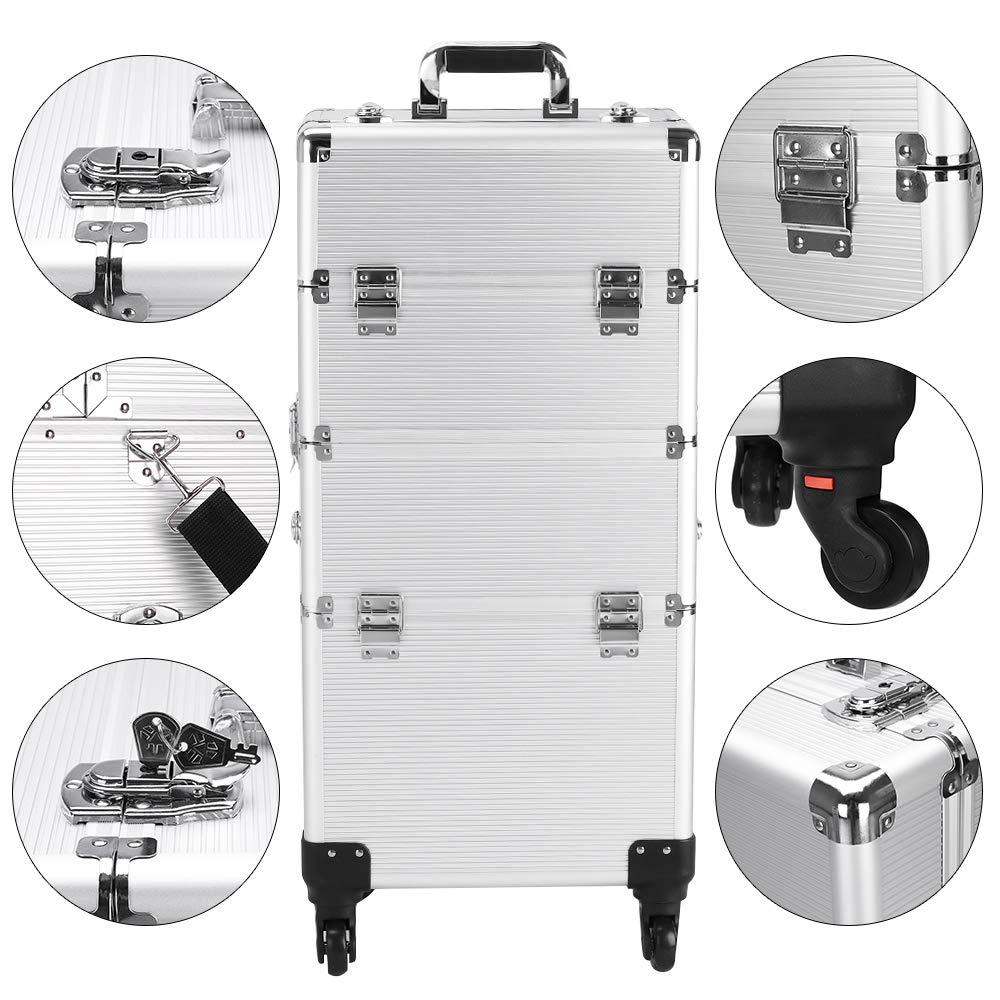 Hikarinowa 3 in 1 Aluminum Rolling Makeup Trolley Case,Professional Aluminum Rolling Cosmetic Trolley Train Case,Portable Makeup Organizer Suitcase,with Wheels,for Nail Tech Hairstylist Barber (Silver)