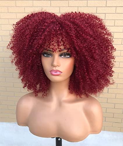 CC Hair Red Curly Wigs for Black Women Afro Curly Wigs with Bangs Afro Hair Synthetic Fiber Wigs Short Curly Wig (14inch)