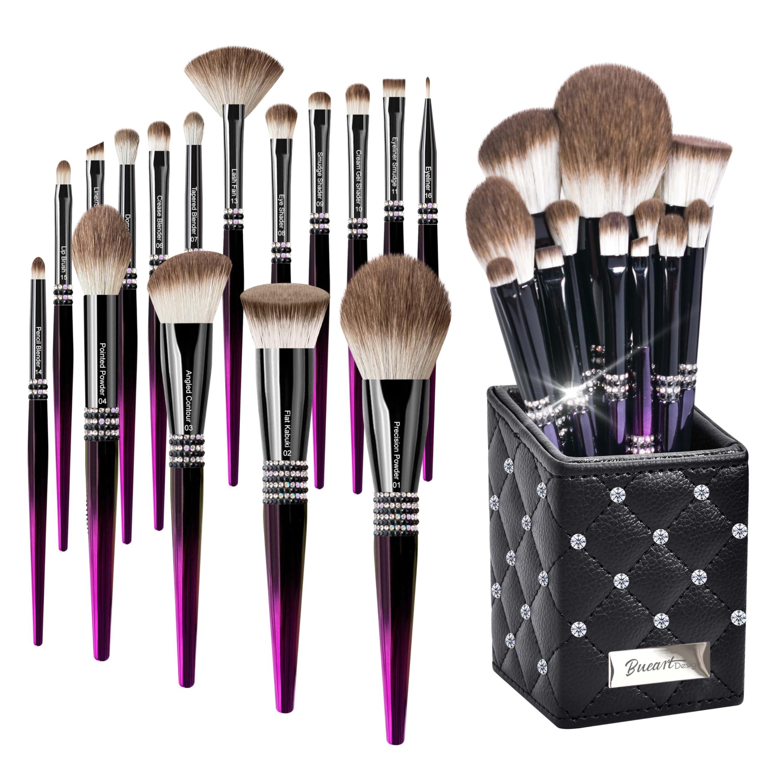 Bueart Design Bueart Design 12PCS Ultra Soft Labeled Makeup Brushes Set with HOLDER case Cosmetic make up brush set (12Pcs Black Rose Red+Holder)