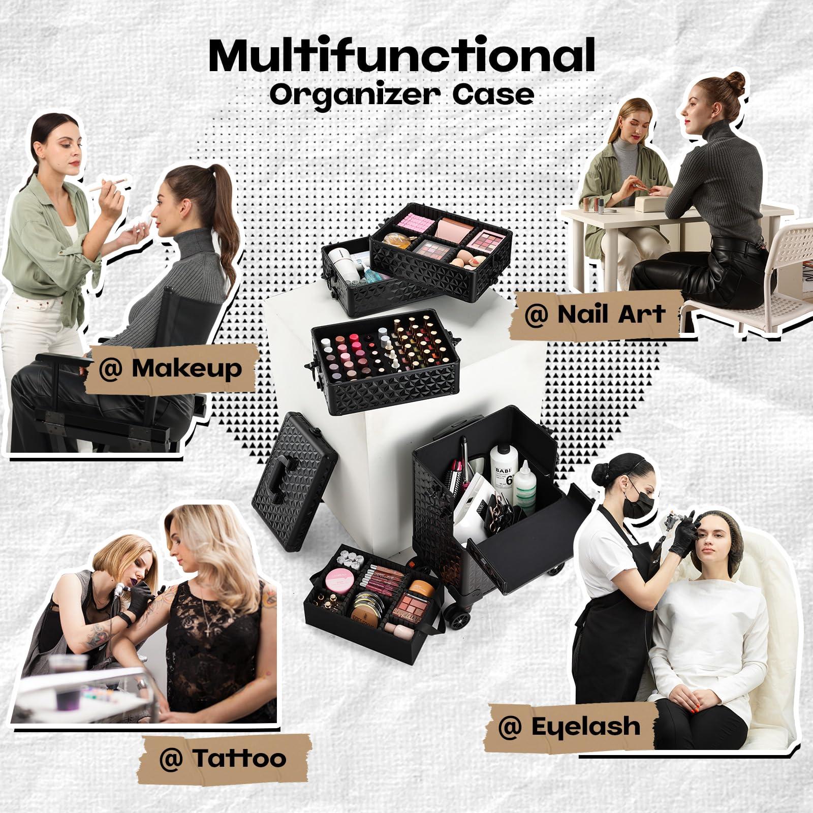Yueieoun Yueieoun 5 in 1 Professional Makeup Train Case on Wheels, Extra Large Cosmetic Case Aluminum Rolling Makeup Case Trolley Makeup Travel Organizer with 360 Swivel Wheels, Black