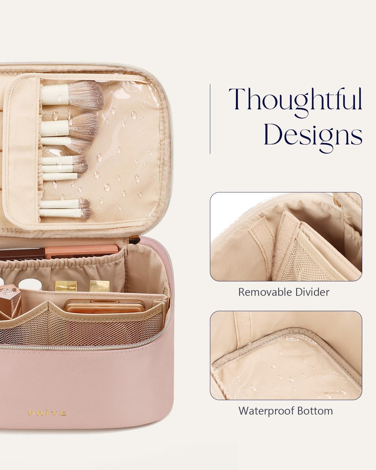 Prite Prite Makeup Bag, Large Capacity Portable Travel Cosmetic Bag, Waterproof Makeup Organizer for Women with Handle and Divider(Pearl Pink)