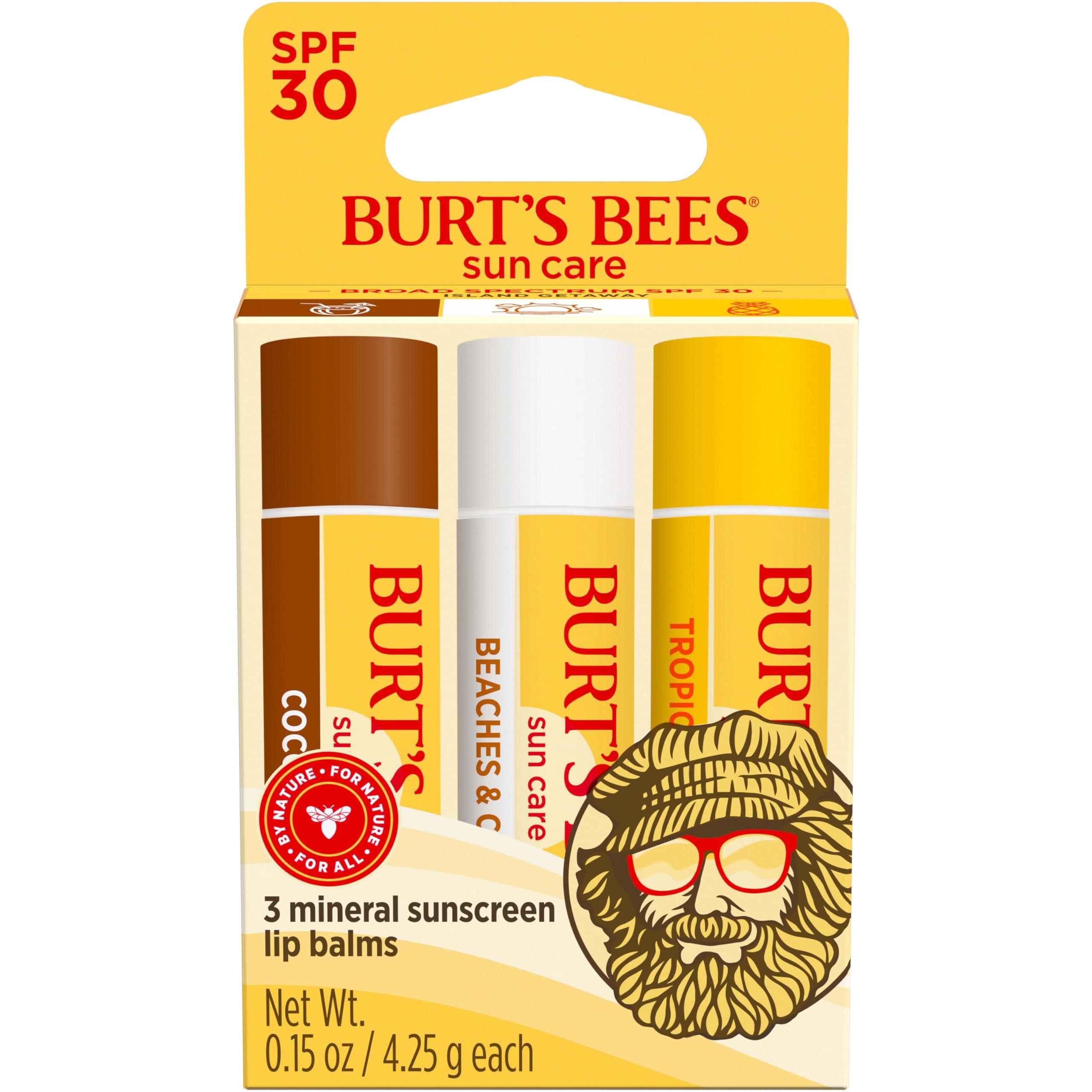 Burt\'s Bees Burt\'s Bees Island Getaway Sun Care SPF 30 Lip Balm Stocking Stuffers, Water-Resistant Lip Moisturizer Christmas Gifts, Nano-Free Zinc Oxide Formula, Natural Conditioning Lip Treatment (3-Pack)