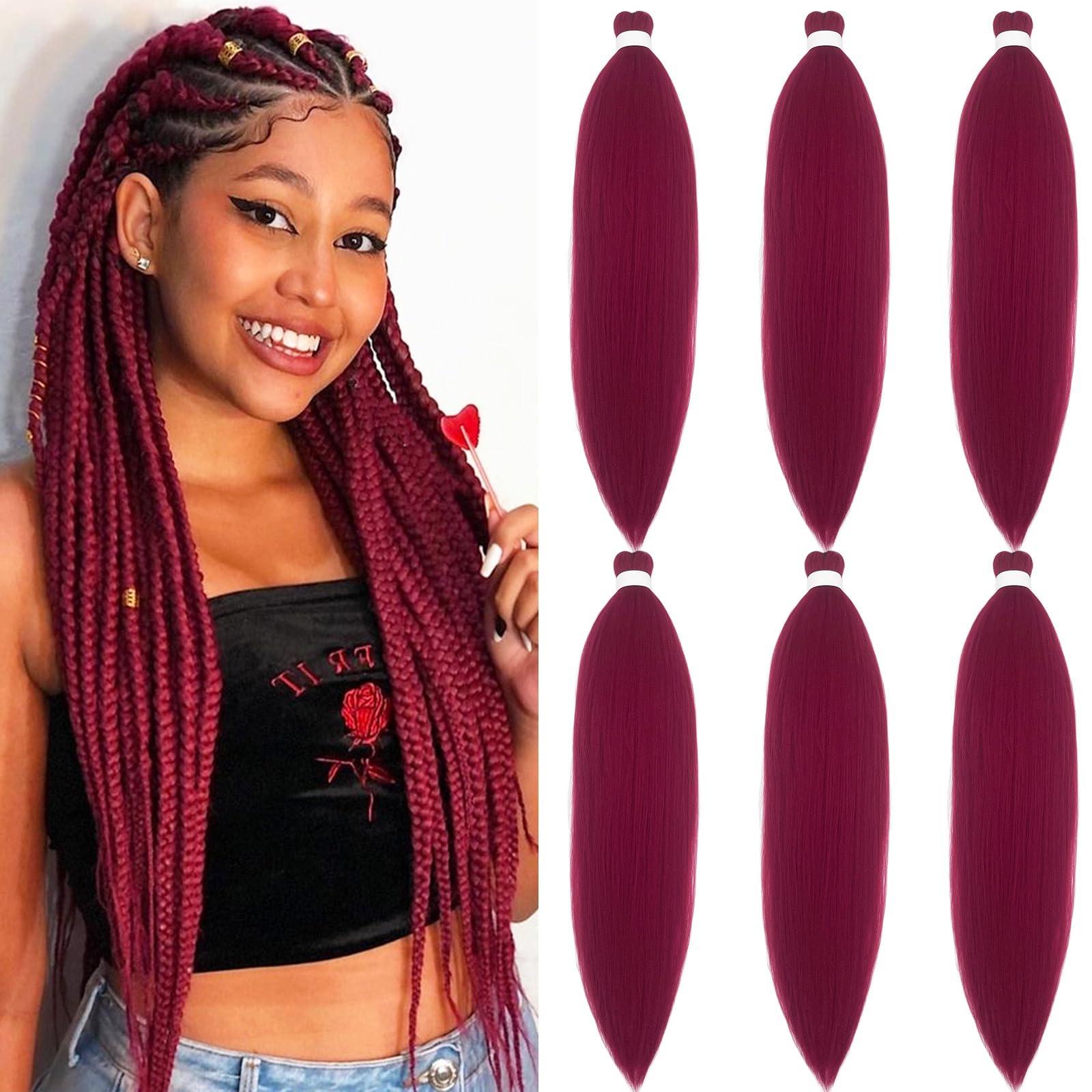 UPruyo Dark Red Burgundy Braiding Hair Pre Stretched 26 inch Synthetic Hair for Braiding Micro Braiding Hair Extensions for Box Braids Long Knotless Prestretched Pre Stretched Braiding Hair (Pack of 6, 900#)