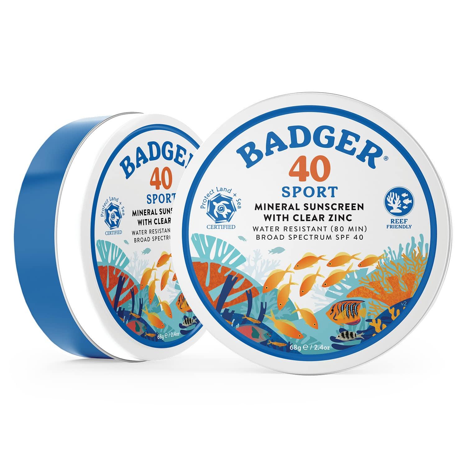 Badger Badger Coral Reef Safe Sunscreen Tin, SPF 40 Zinc Oxide Sunscreen, Broad Spectrum, Water Resistant, Travel Size Sunscreen, Sun Skin Care, Unscented, 2.4 oz