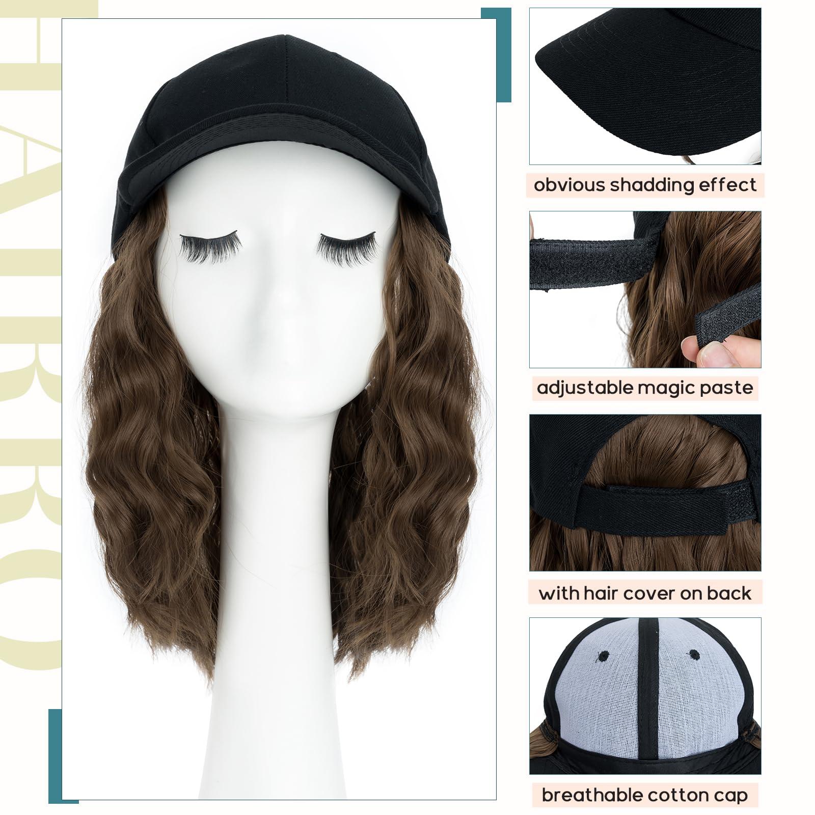 Hairro Hairro Wig Hat Hair Extensions Cap with Hair Attached For Women Wig Hat with Hair Synthetic Wavy Curly Adjustable Ball Cap Wiggy Hair Extensions 8\" 180g #10 Ash Brown