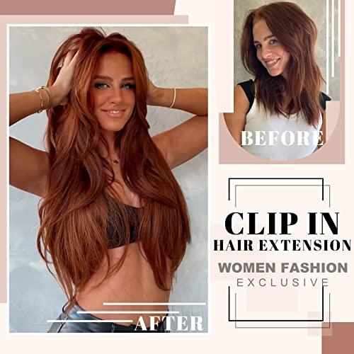 FREEMEIGE FREEMEIGE Copper Red Hair Extensions Clip in Hair Extensions for Women Straight Layered Hair Extensions Synthetic Clip in Extensions Long Wavy Extension Daily Use 20 Inch
