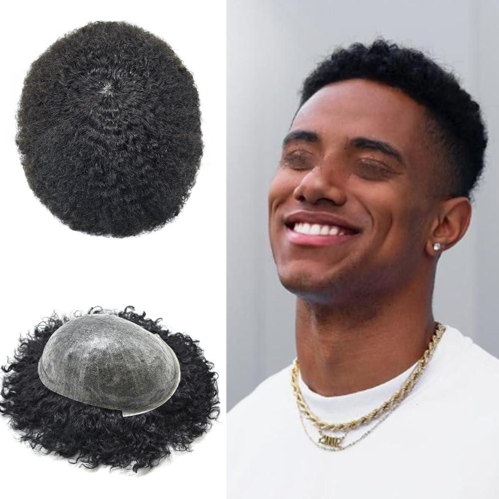 Brave Hair Afro Curly Toupee for Black Men Full Poly PU Injected African American Hairpiece Replacement Systems Hair Units for Black Man8\"x10\"1B#Off Black-6mm