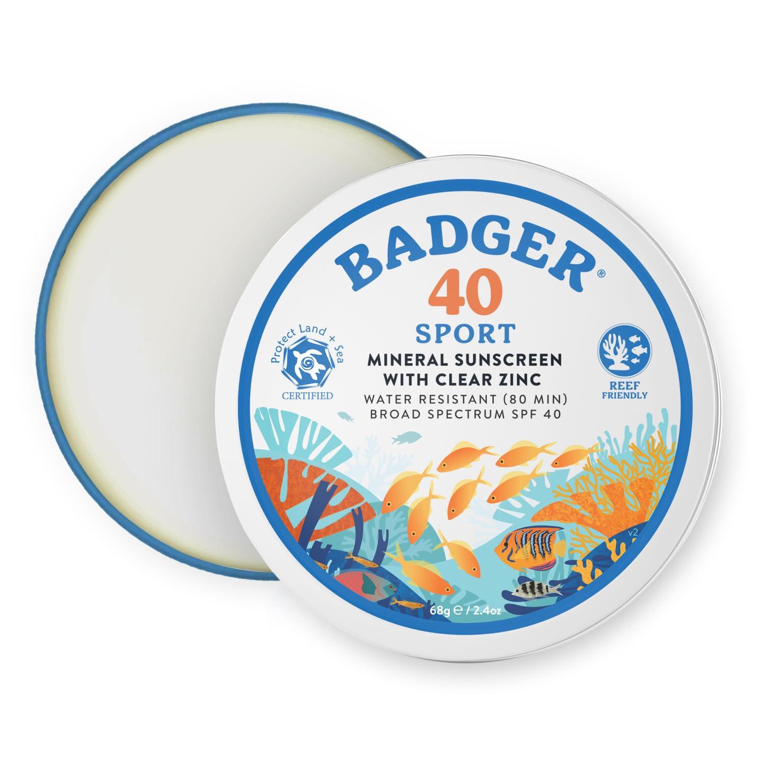 Badger Badger Coral Reef Safe Sunscreen Tin, SPF 40 Zinc Oxide Sunscreen, Broad Spectrum, Water Resistant, Travel Size Sunscreen, Sun Skin Care, Unscented, 2.4 oz