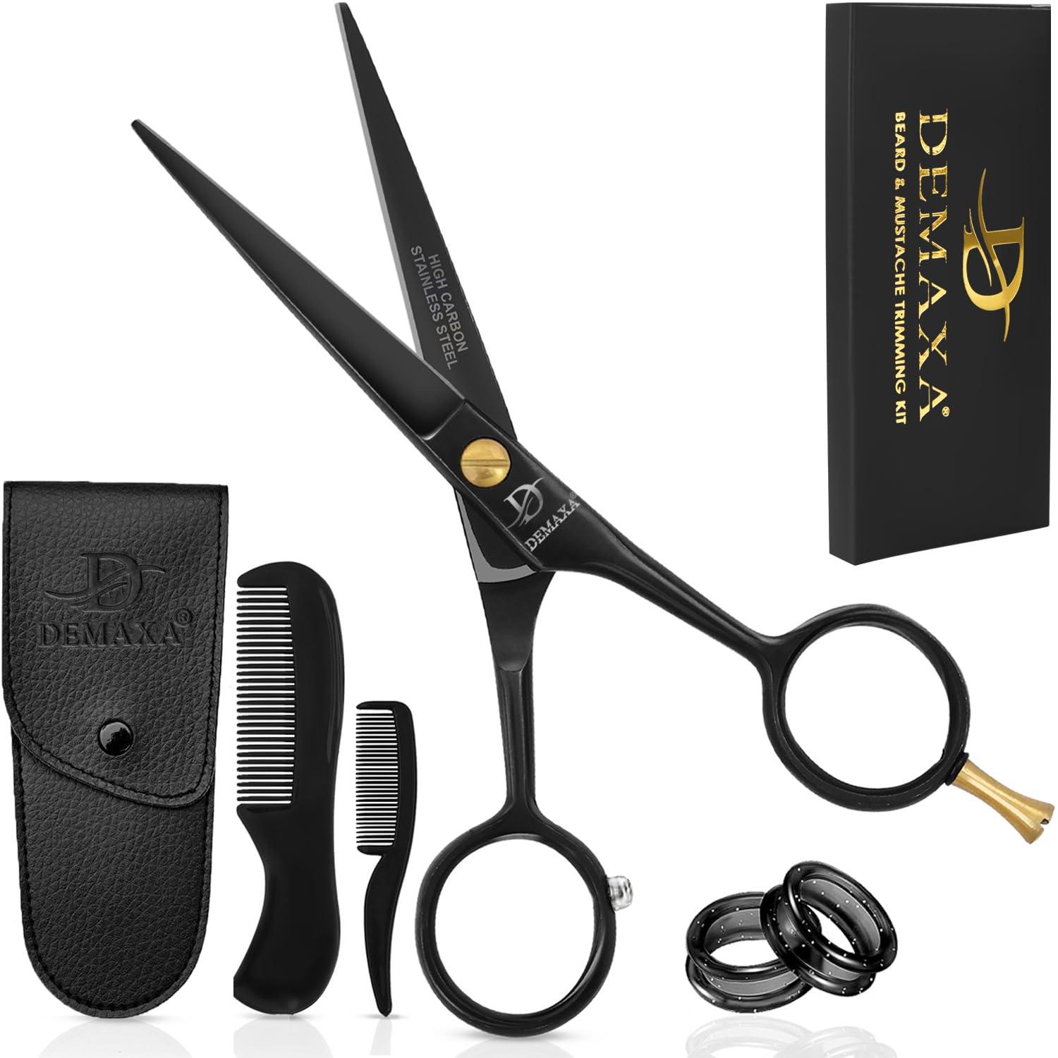 DEMAXA DEMAXA 5\" Professional Beard Mustache Scissors with 1 Mustache Comb, 1 Beard Comb & Soft Pouch Prefect Beard Trimming Scissors for All Facial Hair Scissors Grooming Scissors Men (Black)