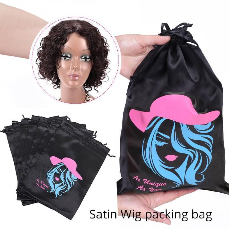Ecojunmi Custom Printed Wig Storage Satin Bags with Drawstring, 20-100 Pcs/Lot Personalized Logo Silk Hair Bag For Hair Bundles Headband Wig Lace Wig, Pouches Gift Bags Cosmetic Bags (50Pcs/Lot, White)