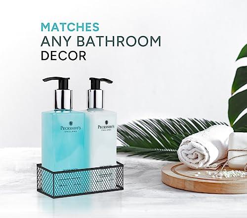 Pecksniff\'s Pecksniffs Kitchen Soap Dispenser Set, Moisturizing Liquid Hand Soap Lotion Set for Kitchen Sink Bathroom Countertop with Black Metal Mesh Caddy, 10.14 Fl oz (Sandalwood and Vanilla)