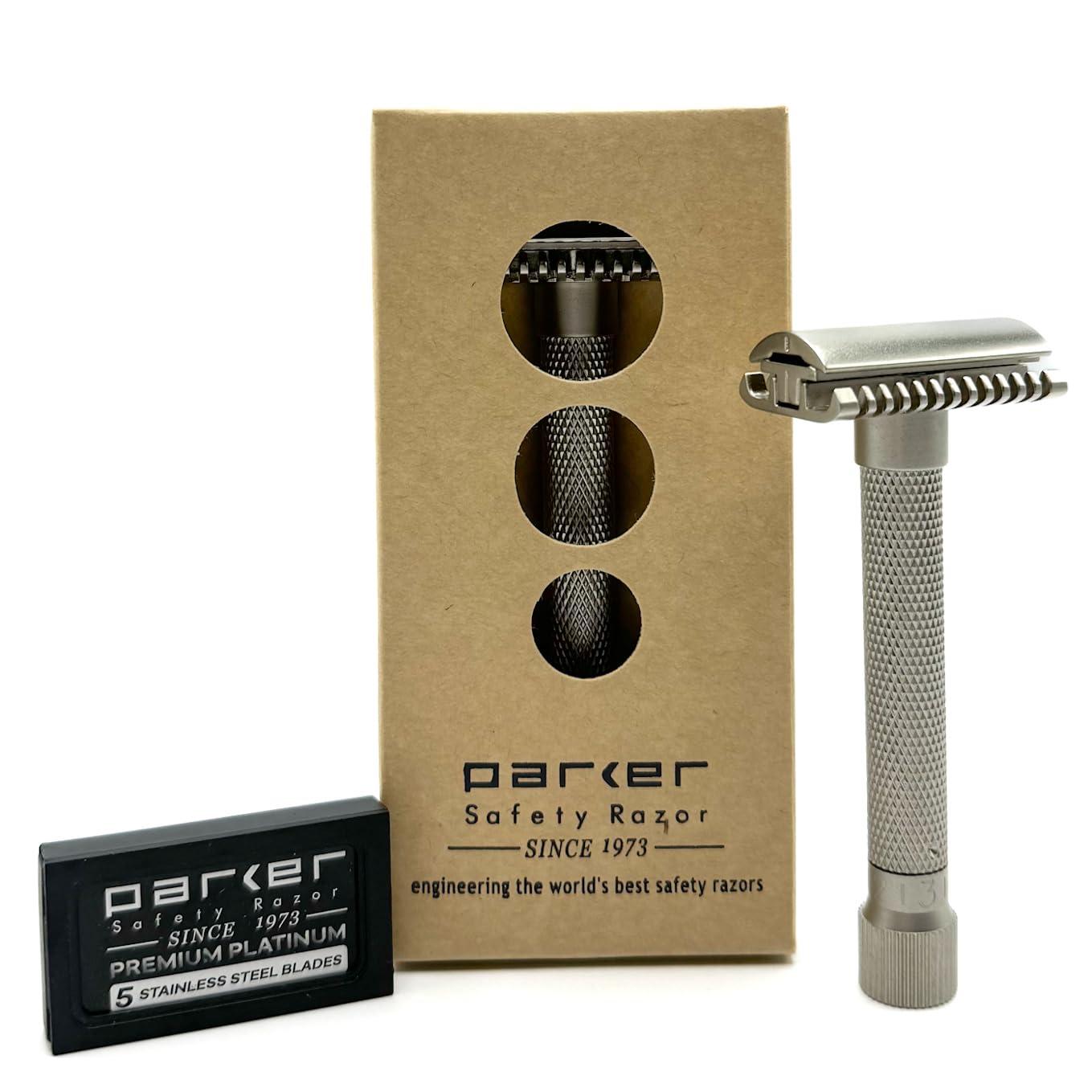 Parker Safety Razor The Parker Variant OPEN COMB - ADJUSTABLE Double Edge Safety Razor, Customize your Shave with a Turn of the Dial from Mild to Aggressive - 5 Blades Included (SATIN CHROME)