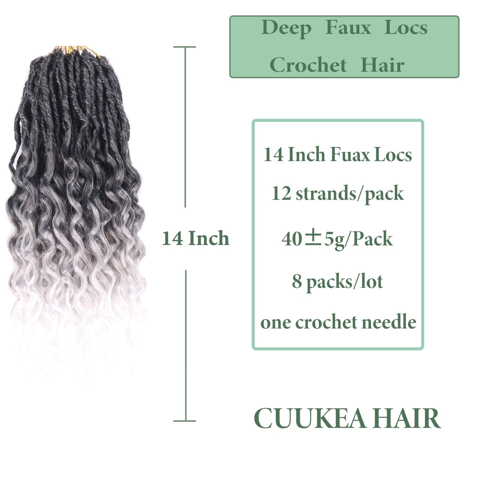 CUUKEA Deep Faux Locs Crochet Hair With Curly Ends 14 Inch Soft Locs Pre looped Goddess Locs Crochet Hair Deep Wave Crochet Braids for Women Locs Crochet Hair(Black to white)