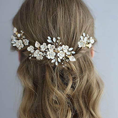 Barode Barode Bridal Wedding Hair Comb Silver Flower Rhinestone Sparkly Crystal Bride Leaf Side Combs Pearl Hair Accessories for Women and Girls (Gold)