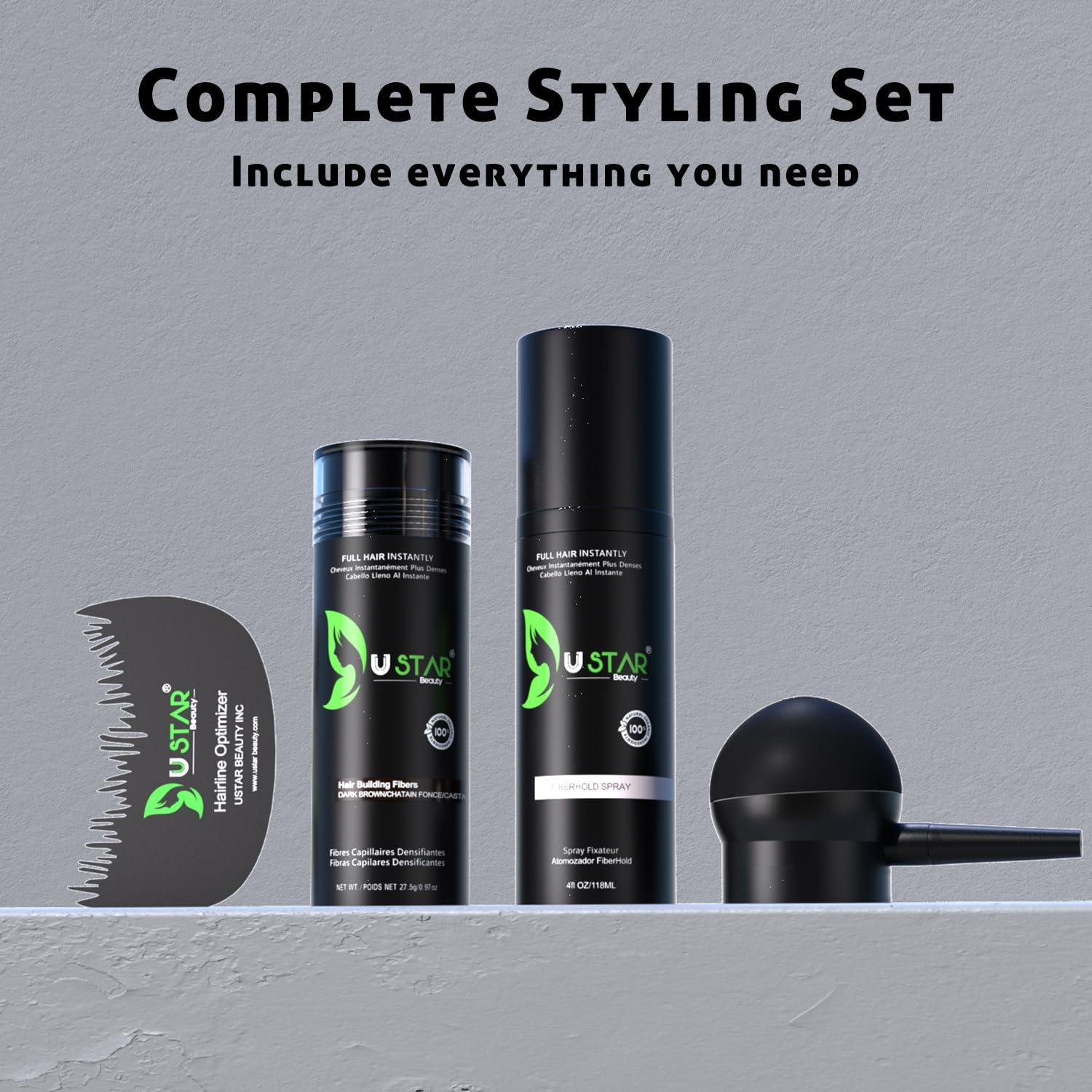 USTAR Ustar 4 in 1 Hair Building Fibers Set for Thinning Hair Thickening Natural Hair Loss Concealer Powder for Men & Women Bald Spot Cover Up and Hair Volume Enhancer 27.5g Light Blonde