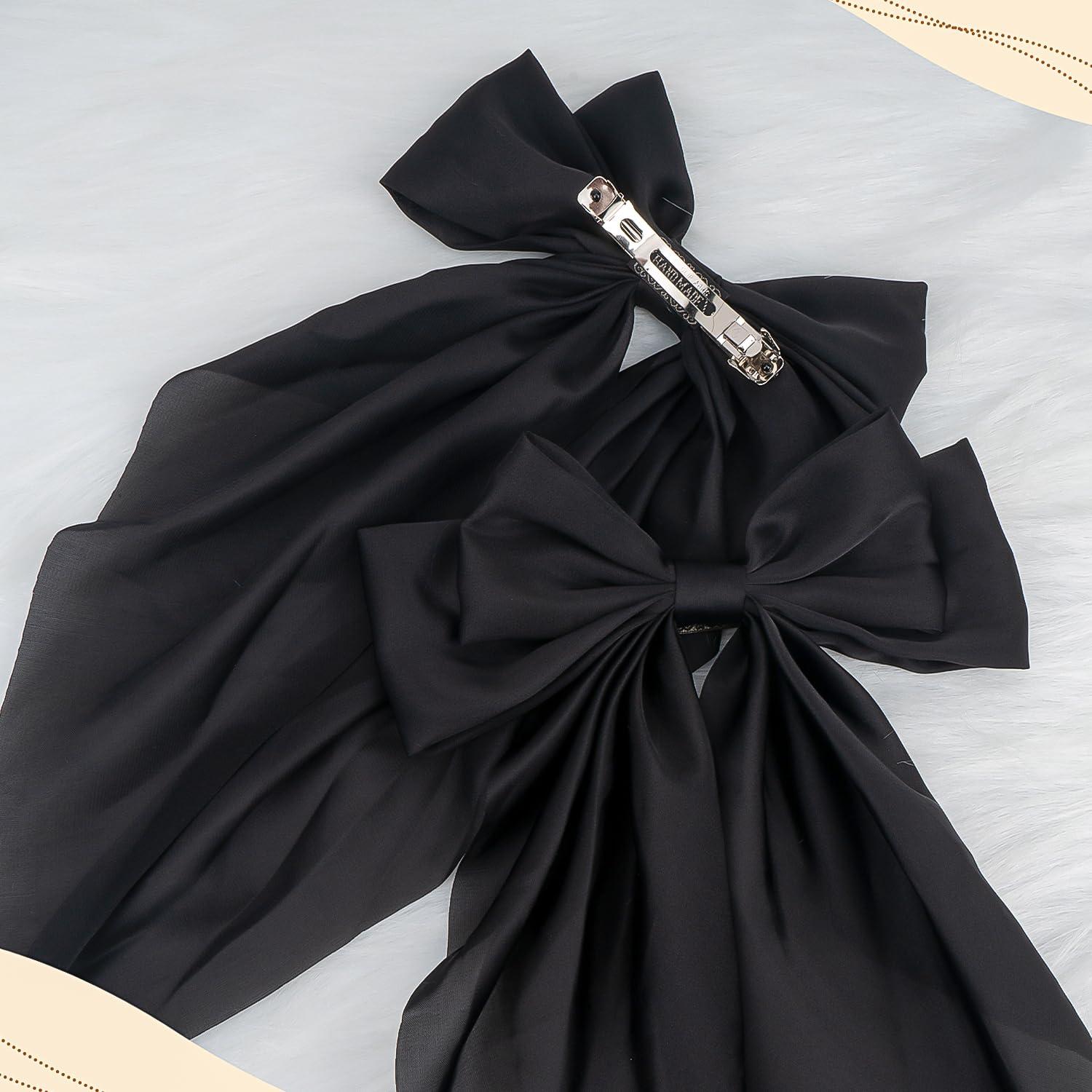 TULOBI Large Hair Bows with Long Tail 2PCS Black Bow Hair Clip with Metal Spring Clamp Soft Satin Hair Ribbon for Women Girls