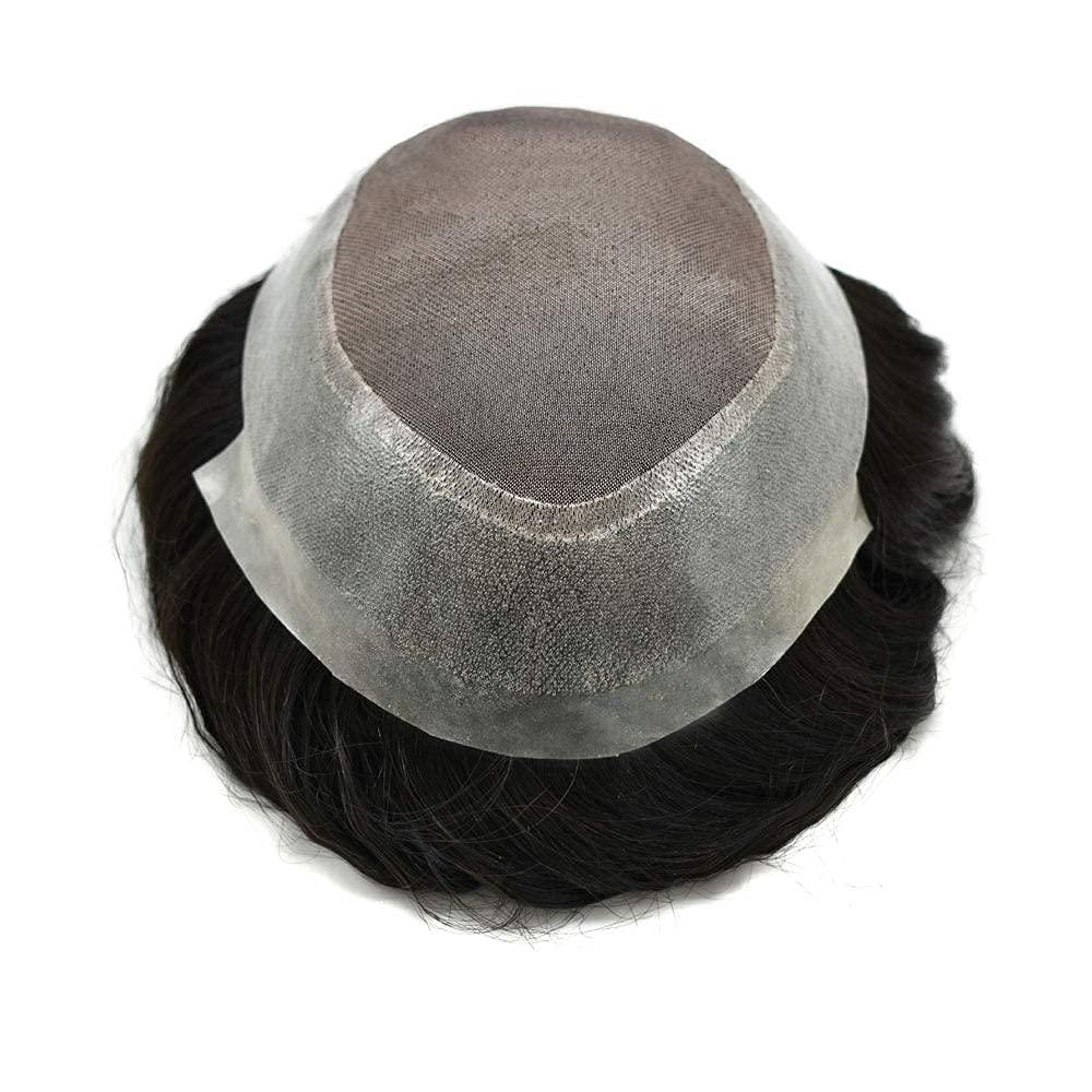 SINGA HAIR Fine Mono Mens Toupe Remy Human Hair System Clear Poly Skin Around Hairpiece Monofilament Wig Durable PU Hair Replacement (1B# Natural Black, 6\'\'x8\' 110% Light Medium Density)