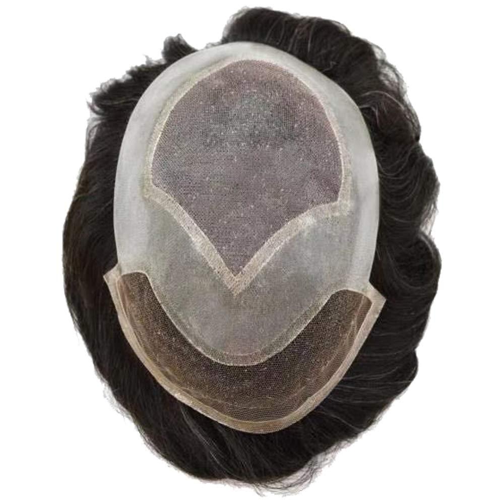 LHC Transparent Lace Front HAIR System Mens Toupee Replacement Bleached Knot Hairpiece Natural Hairline Durable Mono Poly Skin Gray Human hair System for Men(16CM x 24CM, #1B40 Natural Black+40%Gray-120% Light to Medium Density)