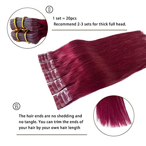 Munx Burgundy Tape in Hair Extension 24inch 20pcs 70g Wine Red 100% Real Human Hair Tape in Hair Extensions for Women