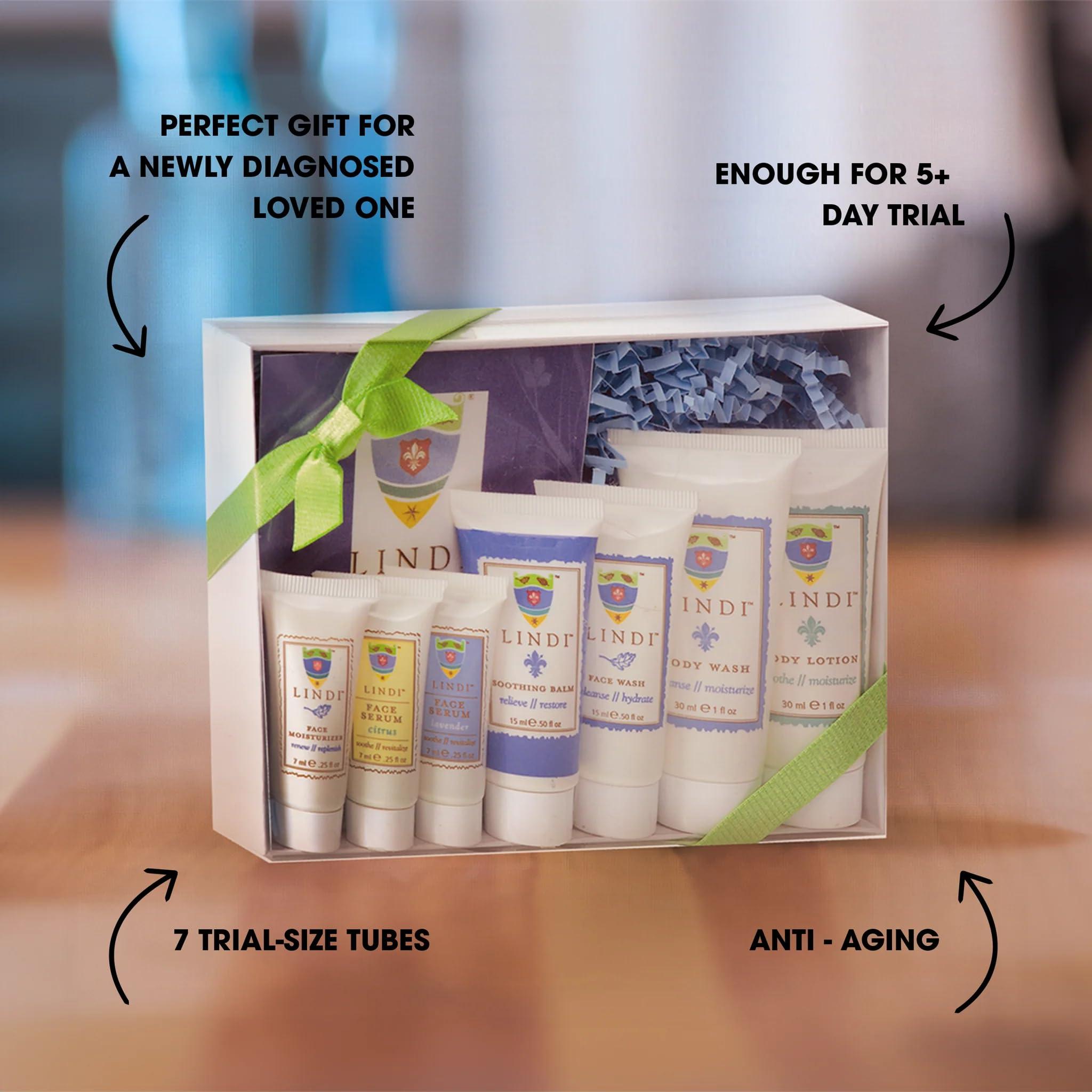 Lindi Skin LINDI SKIN Fight Back Pack - Starter Kit That Includes Body Lotion, Body Wash, Face Serum, Face Moisturizer, Soothing Balm, and Face Wash for Chemo Rash, Radiation Burn & Other Cancer Side-Effects