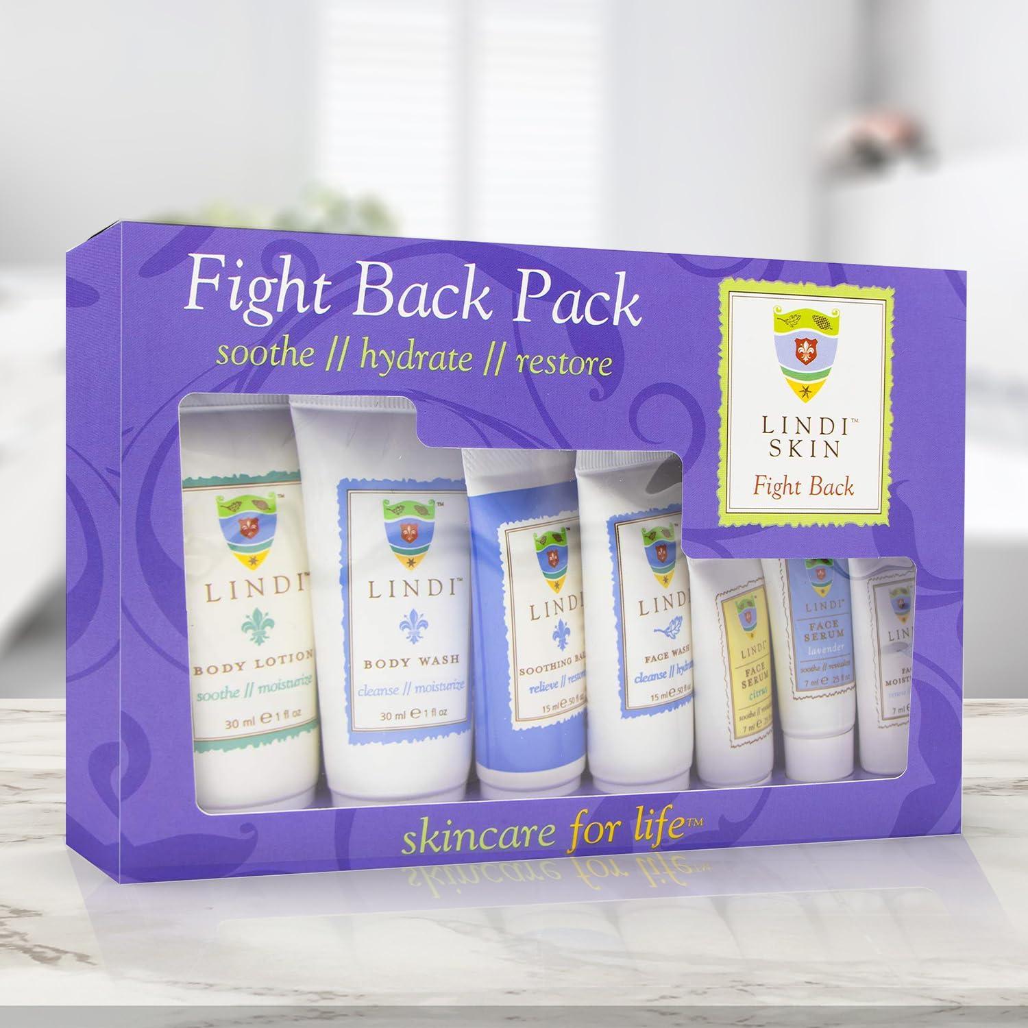Lindi Skin LINDI SKIN Fight Back Pack - Starter Kit That Includes Body Lotion, Body Wash, Face Serum, Face Moisturizer, Soothing Balm, and Face Wash for Chemo Rash, Radiation Burn & Other Cancer Side-Effects