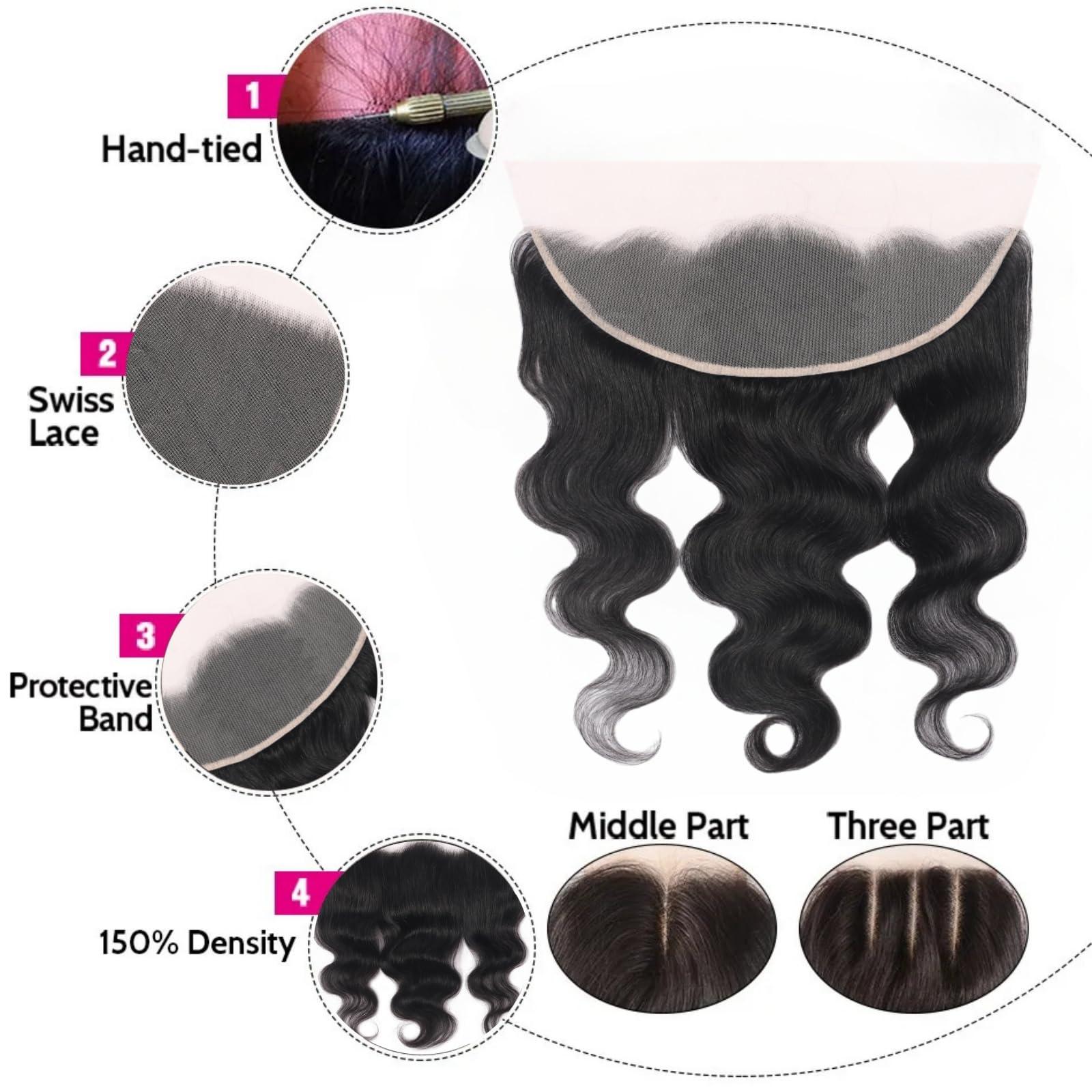 Doiwile 13 x 4 Lace Frontal Closure Body Wave Ear to Ear HD Lace Frontal Pre Plucked 100% Remy Human Hair Frontal Closures Free Part 150% Density (13x4 lace closure, 16inch)