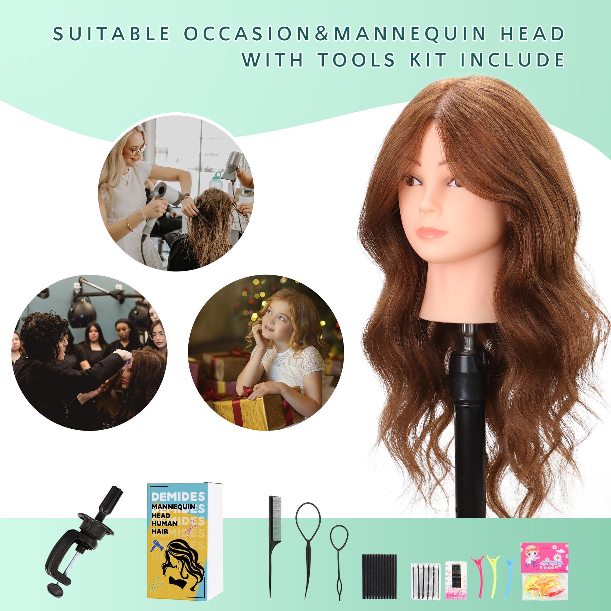 Demides Demides 22-24 Mannequin Head with Human Hair, Cosmetology Mannequin Head 100% Real Human Hair, Manikin Head with Stand for Hairdressers Practice Braiding Styling Cutting Dying Styles