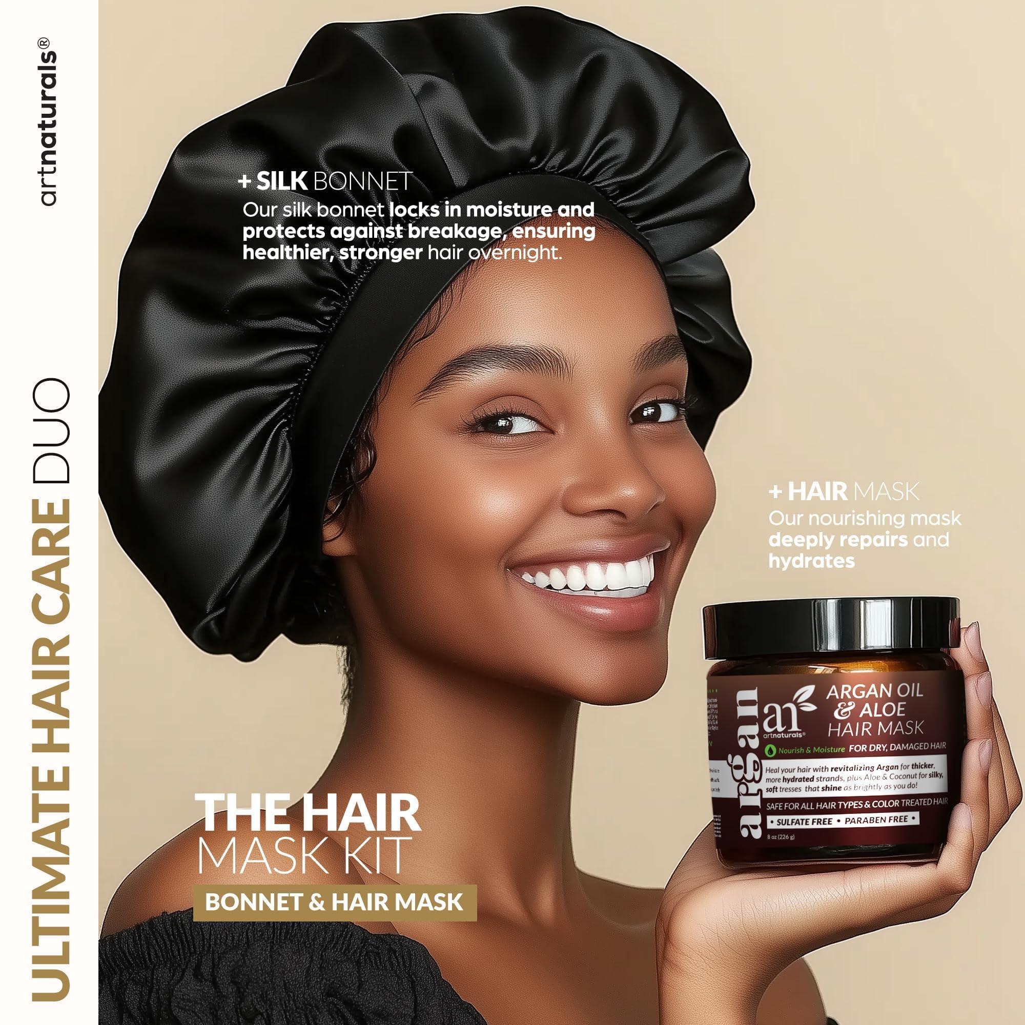 Artnaturals Hair Mask + Silk Bonnet for Sleeping Women Set - Deep Conditioner & Leave-In Conditioner for Dry, Damaged Hair - Argan Oil, Jojoba, Aloe & Keratin - Satin Bonnet for Sleeping, Repair & Hydrate (8 oz)