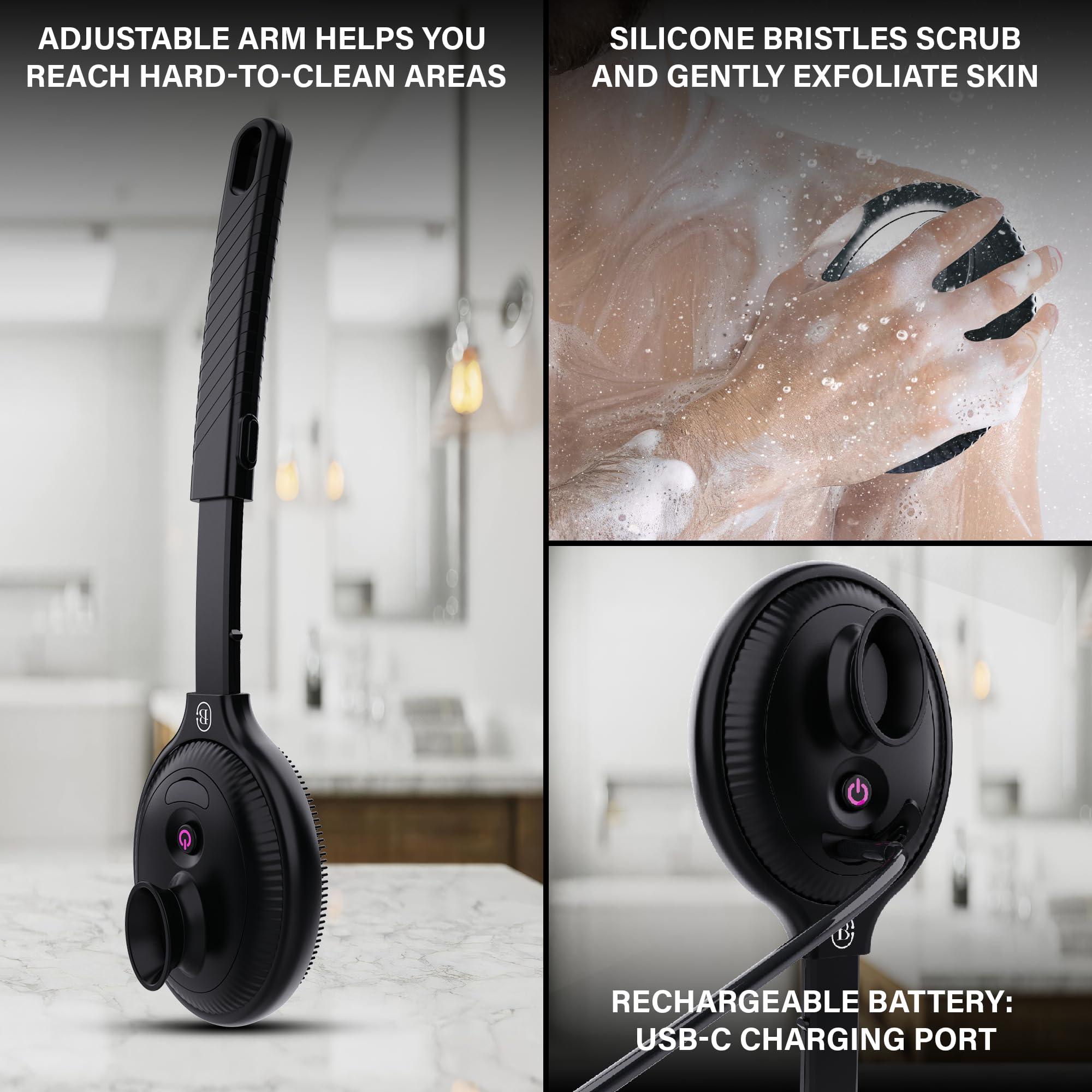 Bella Ciao Bella Ciao Body & Face Electric Vibrating Shower Scrubber, 4 Vibrating Modes, Extendable Handle, Detachable Head Silicone Massage Brush, Waterproof (Black)