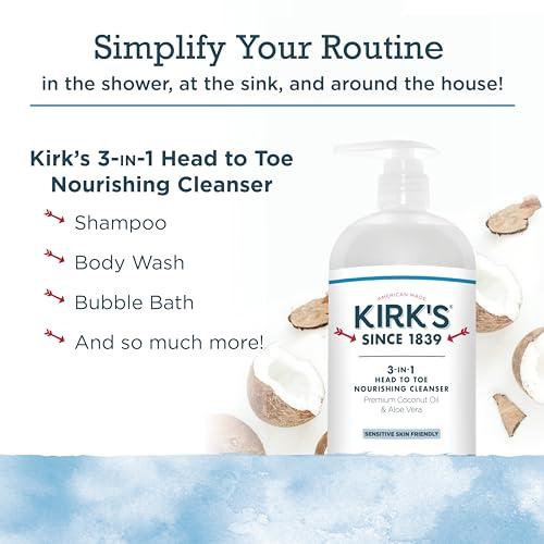 Kirk's Kirk\'s 3-in-1 Head to Toe Nourishing Liquid Cleanser- for Men, Women & Children - Premium Coconut Oil & Aloe Vera- Non GMO & Vegan -Original Fresh Scent - 32 Fl Oz