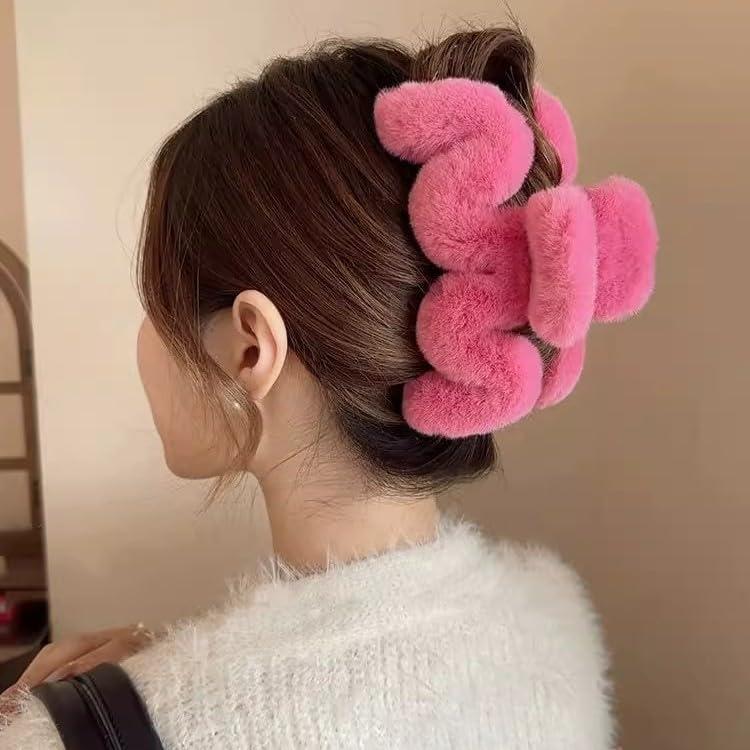 RRRWEI 3pcs 5.1Inches Faux Fur Hair Clips,Large Fuzzy Claw Clip for Thick Thin Hair,Preppy Claw Clips Fluffy Hair Clip for Women Girls (3PC -4)