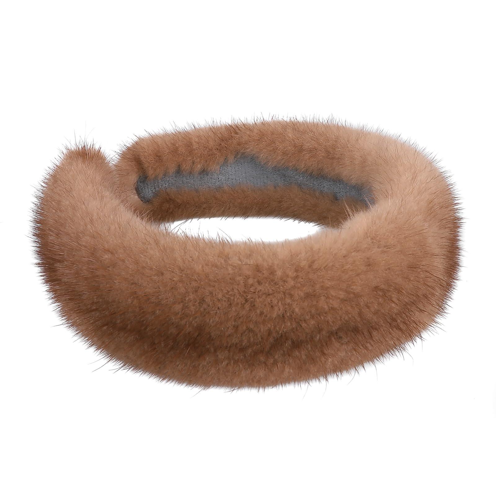 BOONJOVIA Women's Genuine Mink Fur Hairband, Real Fur Makeup Headband, Lady Luxury Hair Accessory (Light Brown, One Size)