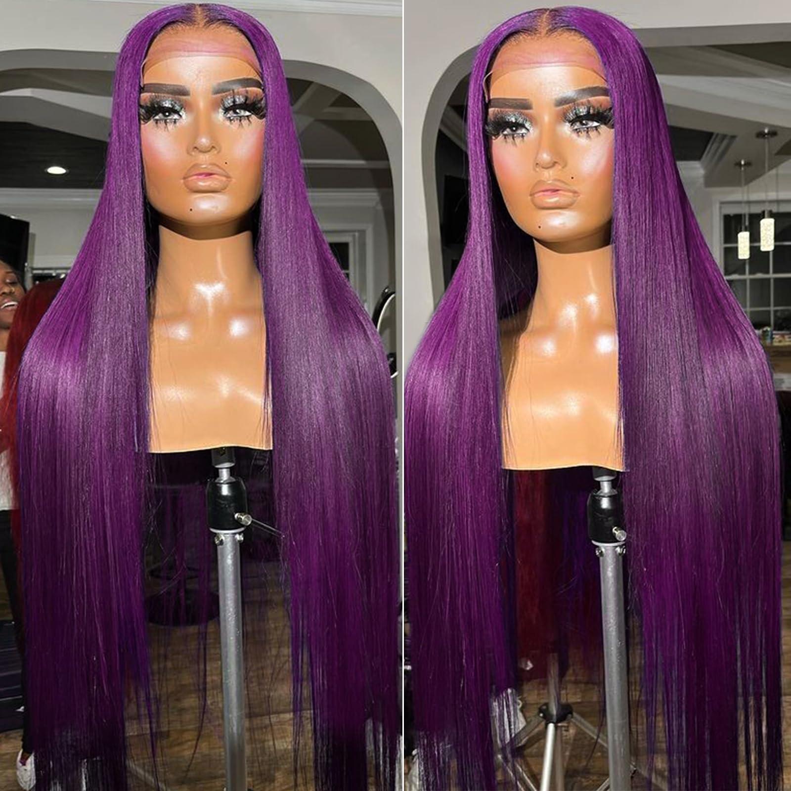 cute fairy cute fairy Deep Purple Lace Frontal Wig Human Hair 13x4 Dark Burgundy Straight Lace Front Glueless Wigs Human Hair for Women 24 Inch 150% Density with Baby Hair