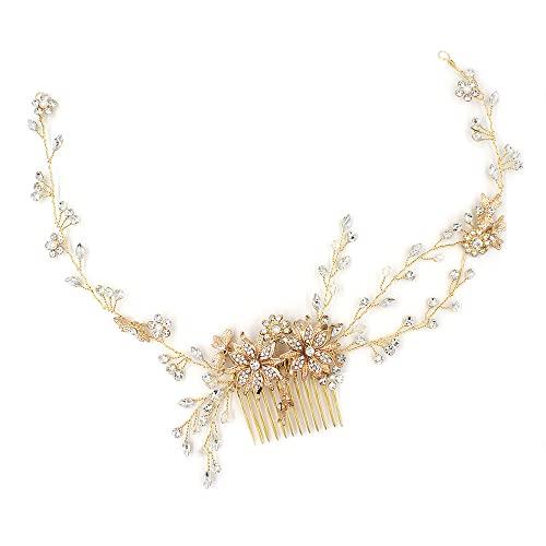 Asphire Asphire Handmade Bridal Crystal Floral Headband with Comb Rhinestone Flower Hair Band Elegant Women's up-do Hair Piece Bridesmaid Headpiece for Wedding, Gold