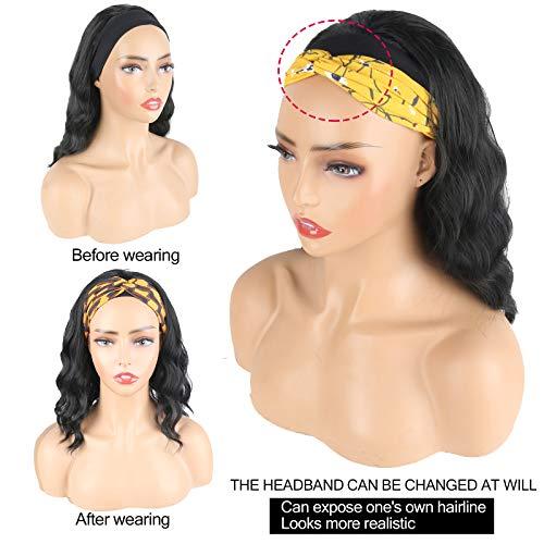 Oseti Oseti Short Curly Headband Wigs for Black Women Black Wavy Wigs with Headbands Attached Body Wave Wig Head Wrap Wigs with Ice Silk Turban Synthetic Headband Wigs for Women Short Loose Bob Wig 14Inch