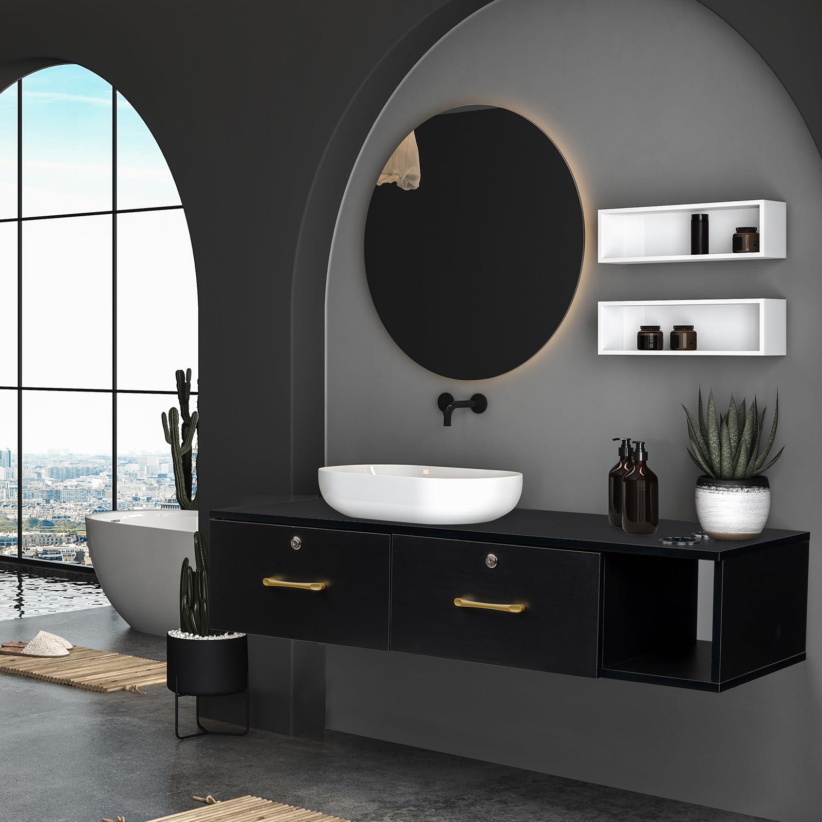 Hikarinowa Modern Wall Mount Salon Styling Station,Wood Salon Barber Station,Styling Barber Station for Hair Stylist,Barber Salon Station Storage Cabinet,with Drawers,for Barber Shop, Home, Bathroom (Black)