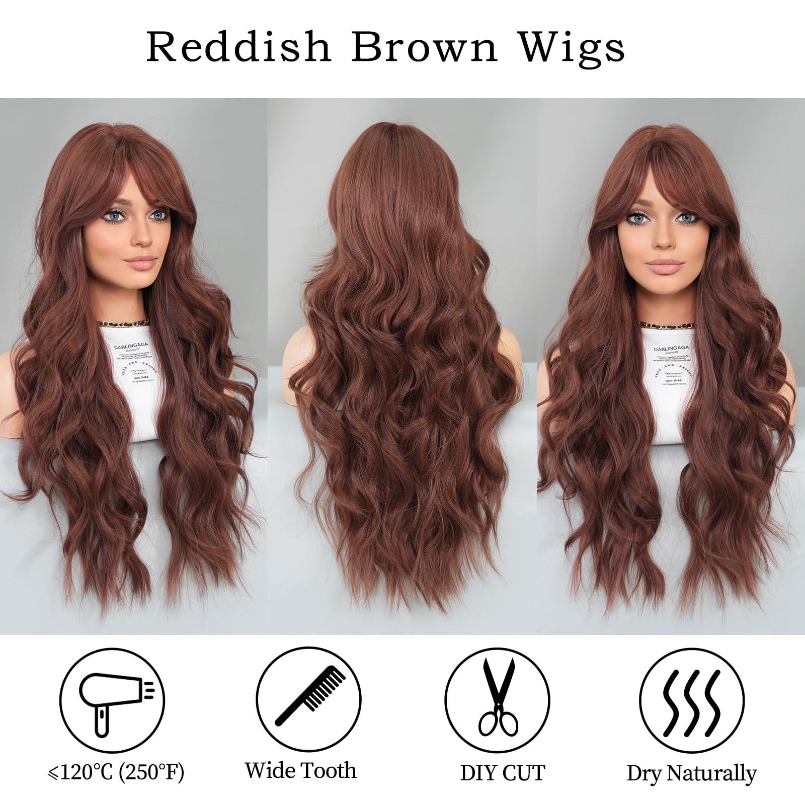 PARK YUN PARK YUN Long Wavy Reddish Brown Wigs With Bangs 28 Inch Chocolate Brown Side Part Curtain Bangs Heat Resistant Synthetic Wig Natural Looking Wigs for Women Daily Party Use