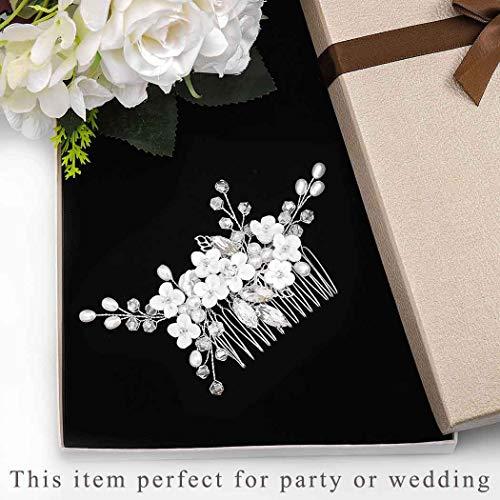 Barode Barode Bridal Wedding Hair Comb Flower Silver Sparkly Rhinestone Side Combs Crystal Bride Leaf Pearl Hair Accessories for Women and Girls (Silver)