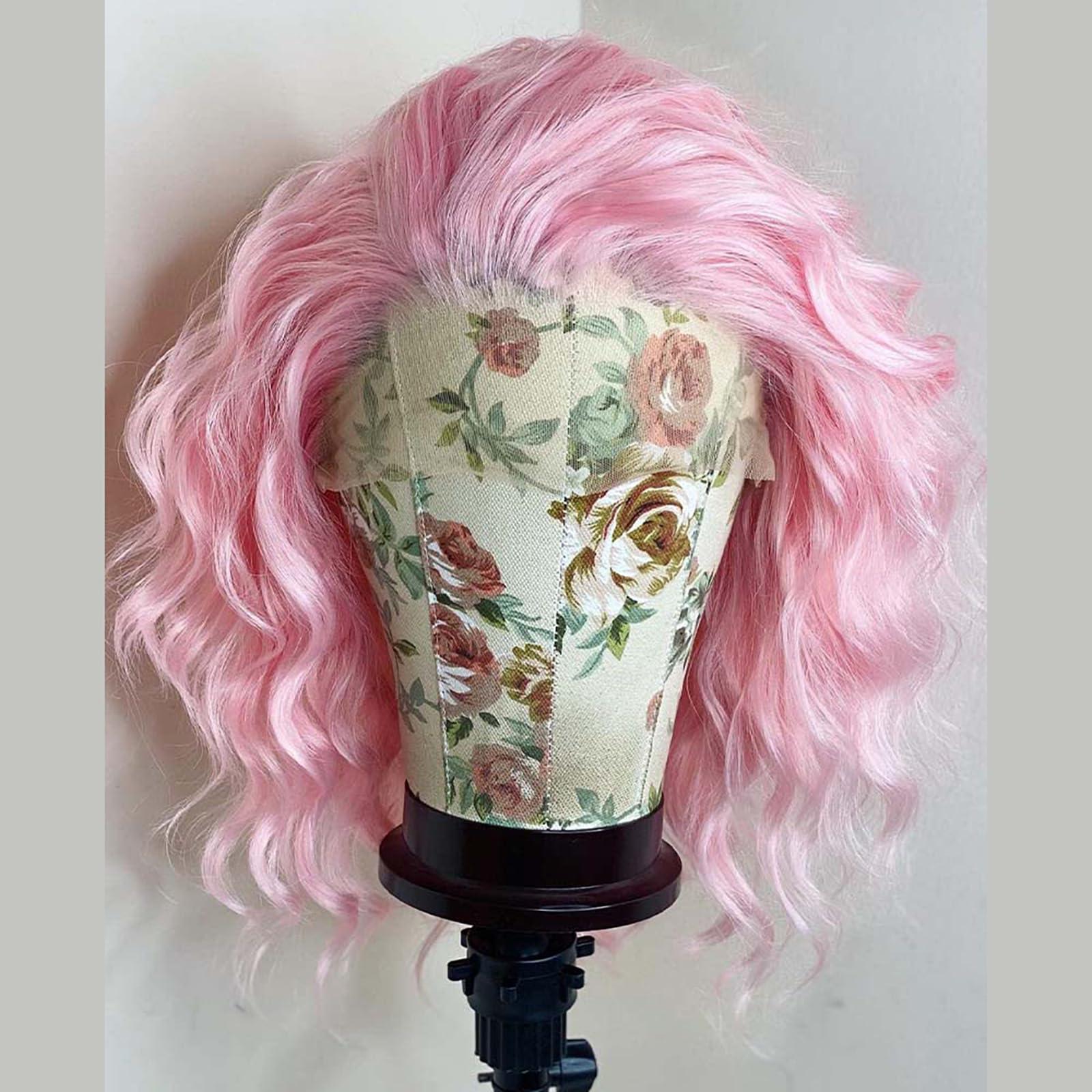 Imeya Imeya Pastel Pink Wig Short Curly Bob Wig Free Part, Synthetic Lace Front Short Pink Wigs for Women, Light Pink Short Bob Wig Heat Resistant Fiber Curly Wig for Daily Party Cosplay Costume