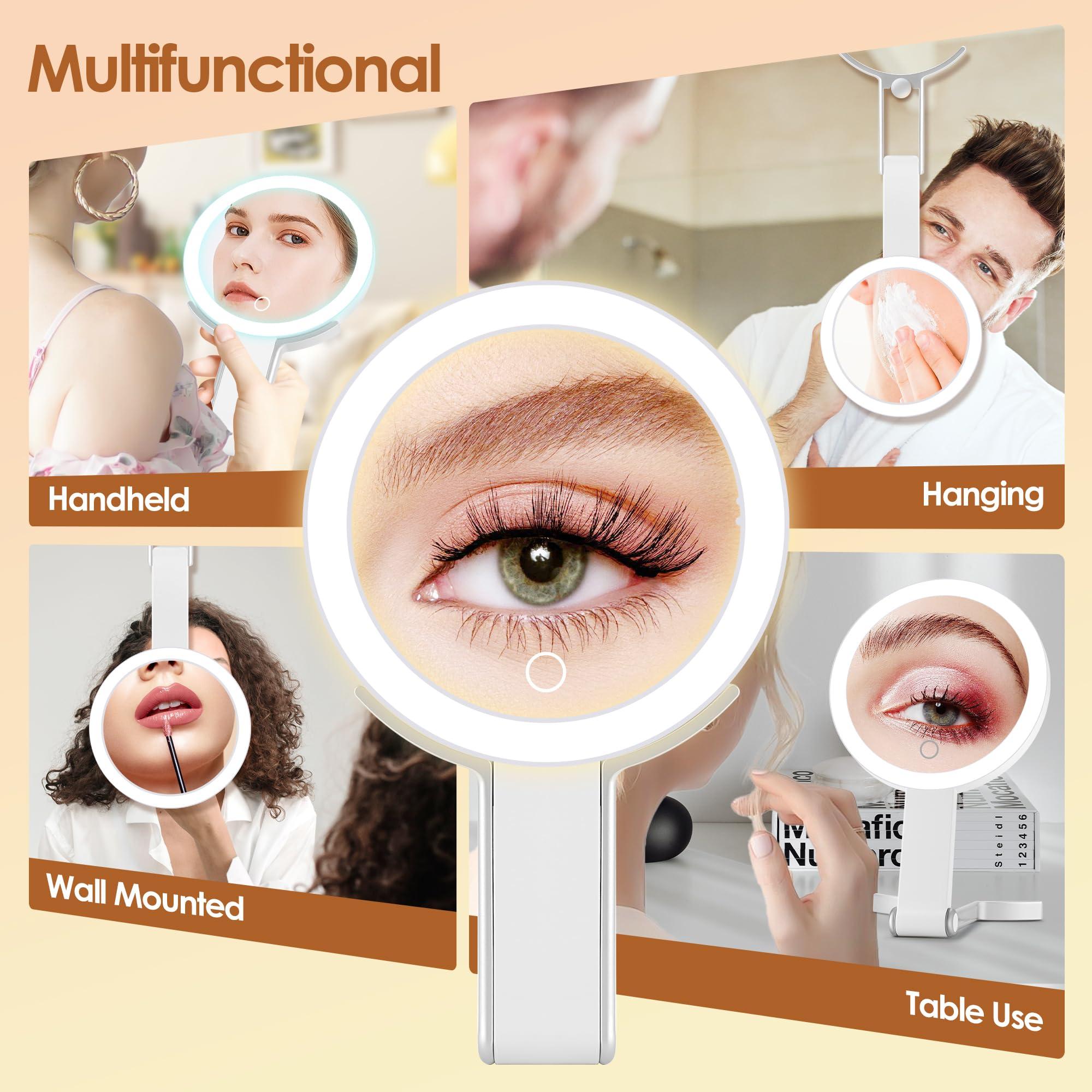 MIYADIVA MIYADIVA Travel Magnifying Mirror with Light, Double Sided 30X/1X Lighted Travel Makeup Mirror with Magnification, 3 Color Lighting, Dimmable Touch Screen, Adjustable & Foldable Hand Mirror(White)