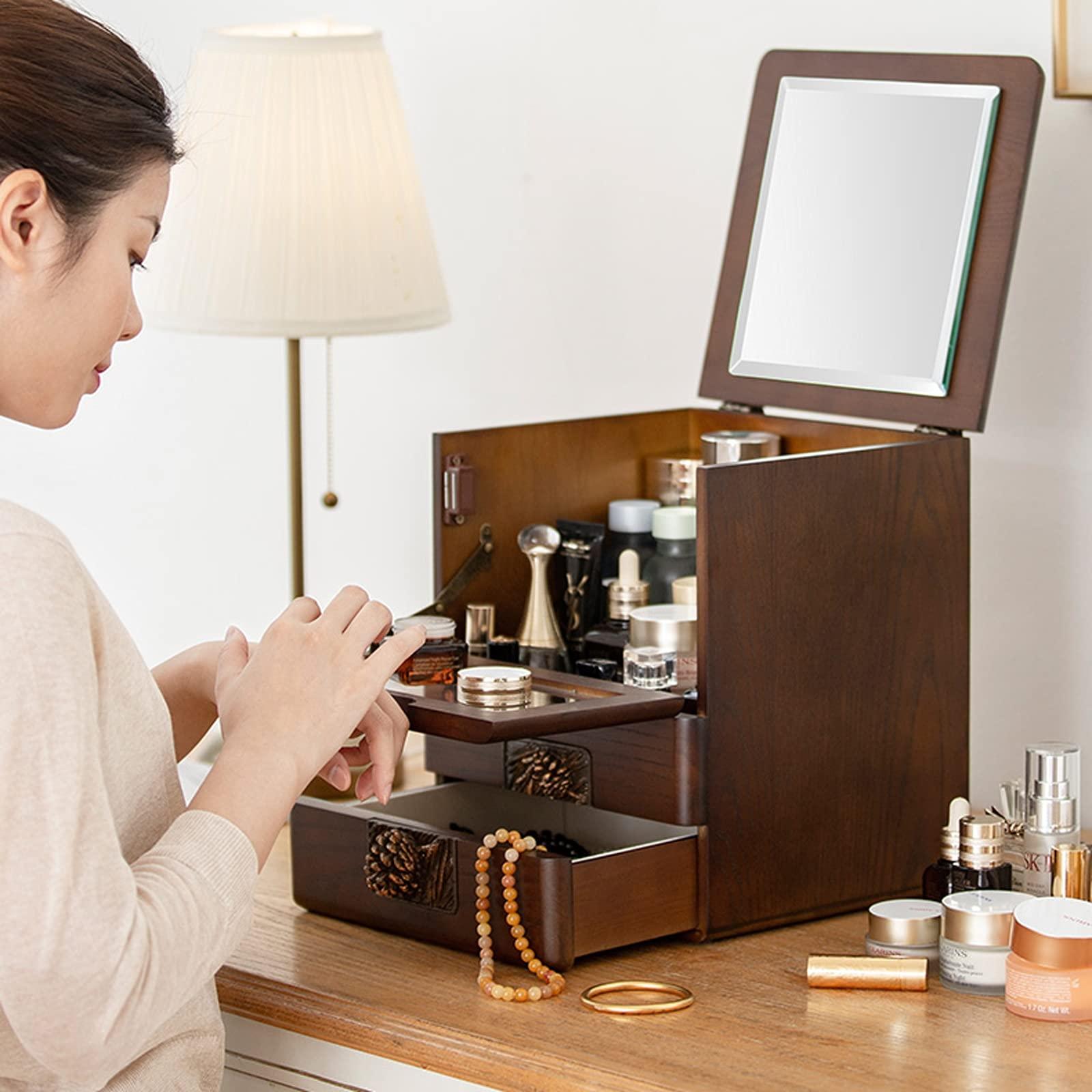 WALDOR Cosmetic Display Cases Wooden Retro Makeup Organizer Cases with Drawers & Mirror Glass Large Capacity Make Up Caddy Shelf for Bathroom Countertop, Bedroom Cosmetic Storage Box