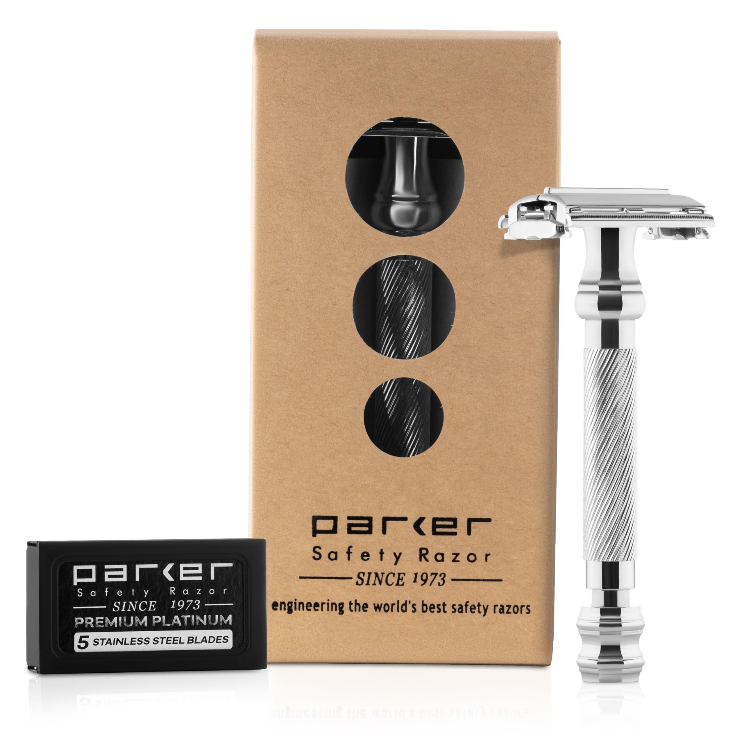 Parker Safety Razor Parker 99R Chrome Long Handle Heavyweight Butterfly Open Double Edge Safety Razor for Men, 5 Parker Premium Platinum Double Edge Razor Blades Included