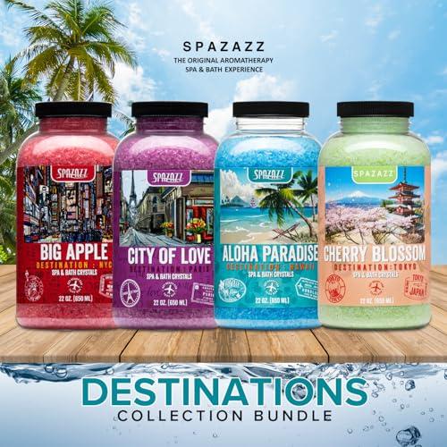 SPAZAZZ Hot Tub & Spa Aromatherapy Bath Salt Crystal Scents Spazazz Destinations Collection Bundle Aloha Paradise, Big Apple, City of Love, Cherry Blossom - Skin Moisturizer - Will Not Damage Spas & Hot Tubs