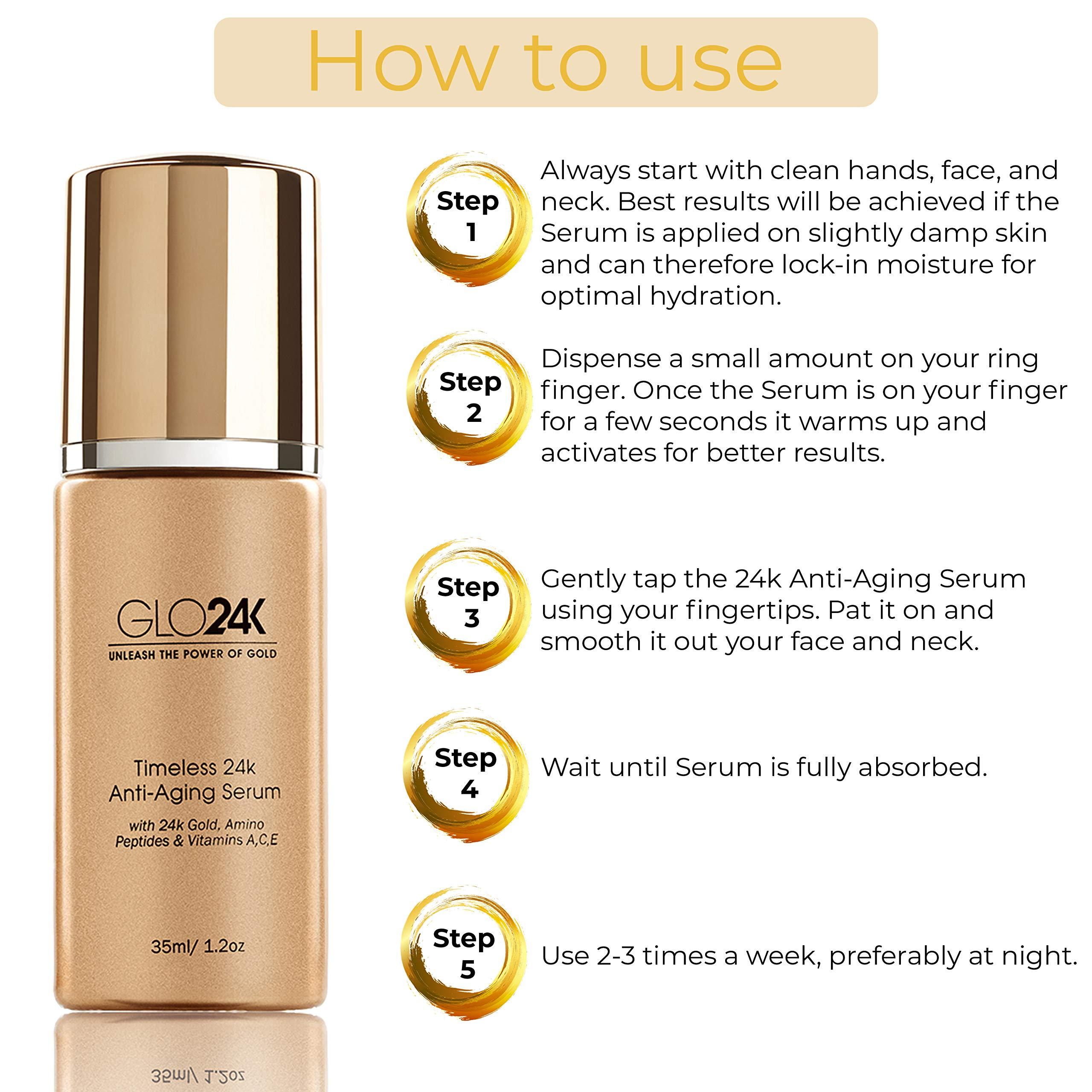GLO24K UNLEASH THE POWER OF GOLD GLO24K Timeless Serum with 24k Gold, Peptides, and Vitamins A,C,E. A Powerful formula to nourish and revitalize your skin.