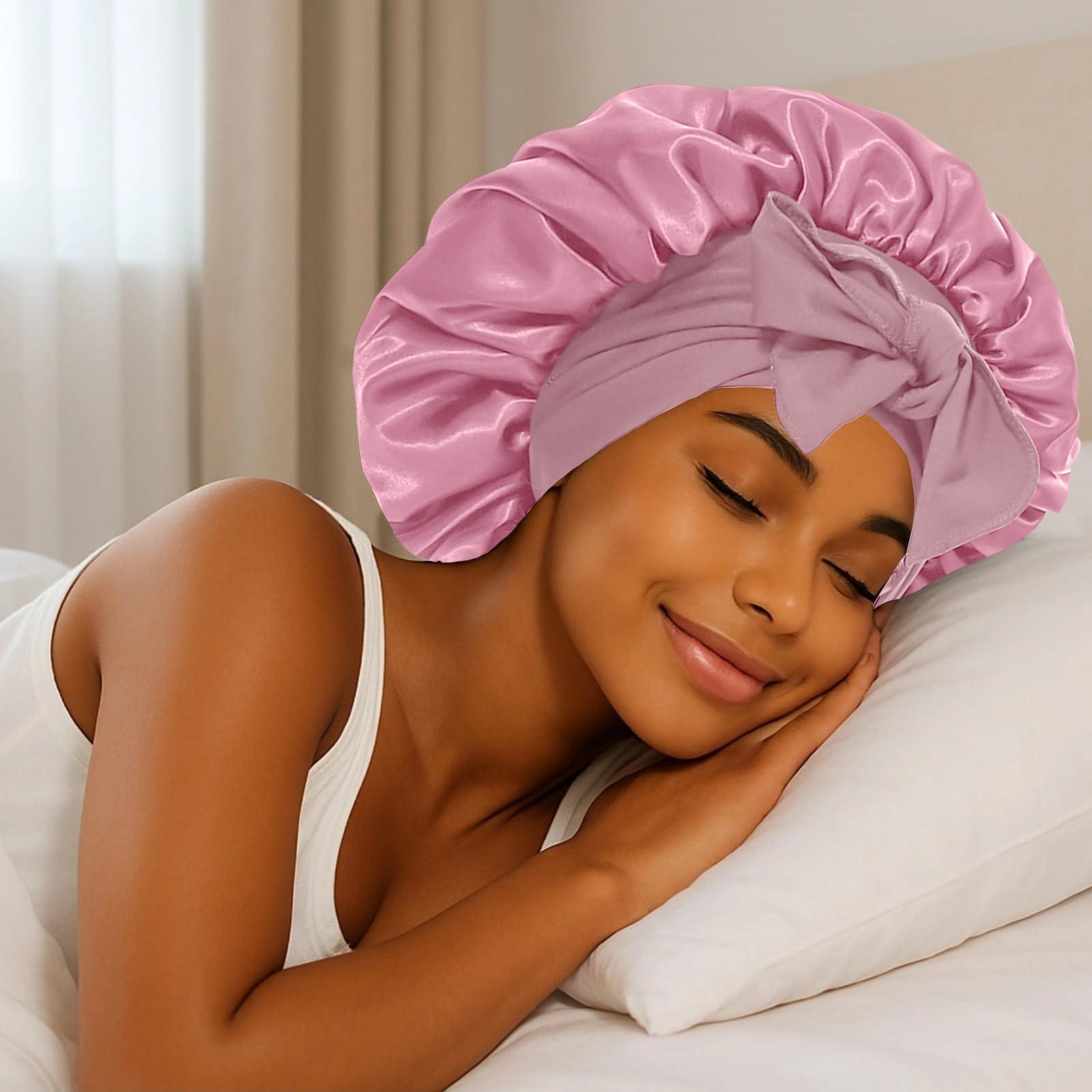 Srevela Satin Silk Bonnet Hair Bonnet for Sleeping Jumbo Sleep Cap, Bonnet for Women Curly Hair, Double Layer Bonnet with Tie Band, Shower Cap