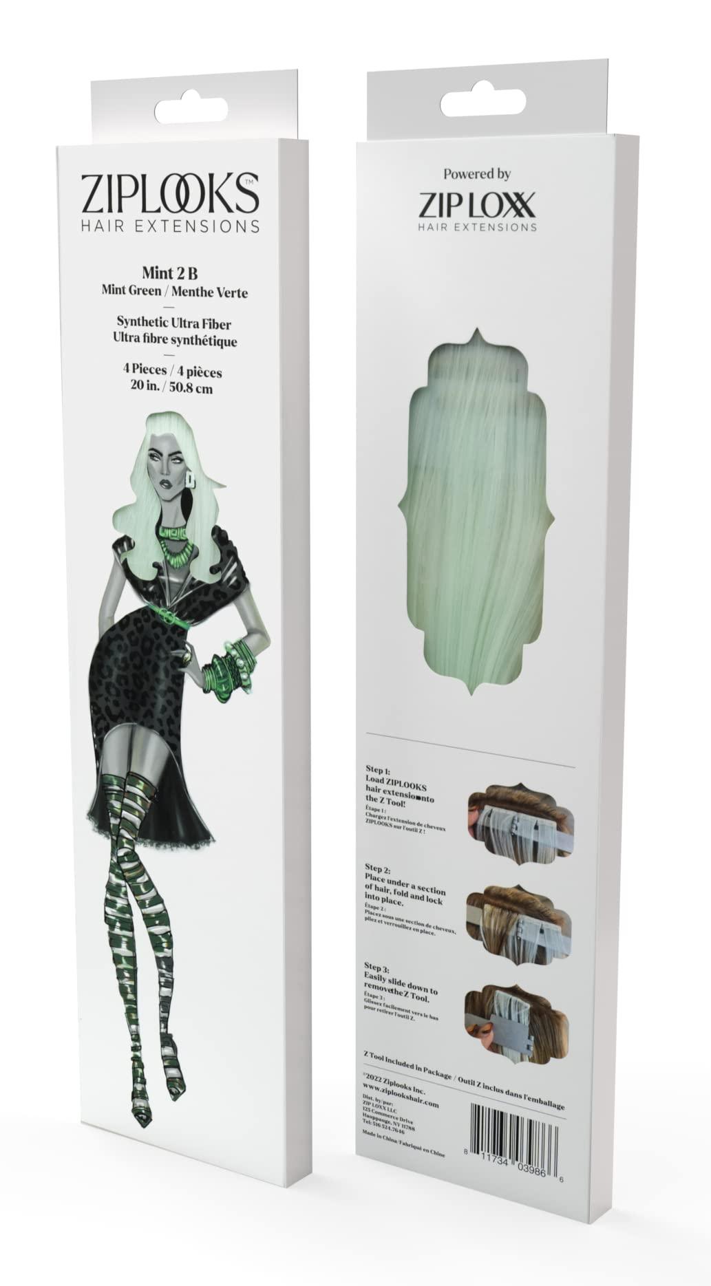ZIP LOXX HAIR EXTENSIONS ZIPLOOKS | Mint 2 B 20\'\' Ultra Synthetic Fiber Pastel Green Colored Hair Extensions with Z Tool Patented Technology, Damage-Free Hair and Scalp, 4 Piece